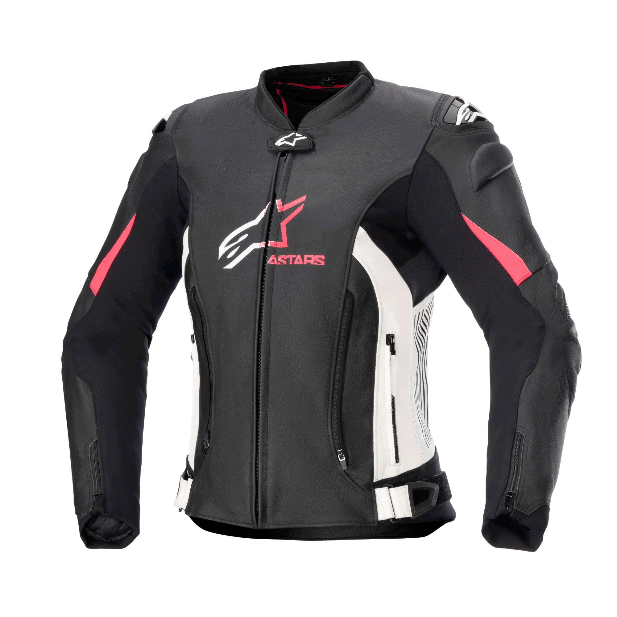 Alpinestars Stella GP Plus V4 Lederjacke für Damen, Motorrad-Rennjacke, Schwarz mit weißen und Diva Pink Akzenten, hochwertige Lederkonstruktion, Front- und Bauch-Reißverschlüsse, verstellbare Taillengurte, gepolsterte Schultern, feminine Silhouette