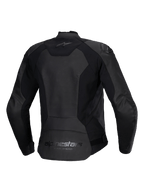Alpinestars Stella Faster V3 Lederjacke für Damen, Motorrad-Lederjacke für Damen, Schwarz, Rückansicht mit Alpinestars-Branding auf dem oberen und unteren Rücken, Stretcheinsätzen für Bewegungsfreiheit und einem verlängerten Rücken für bessere Abdeckung.