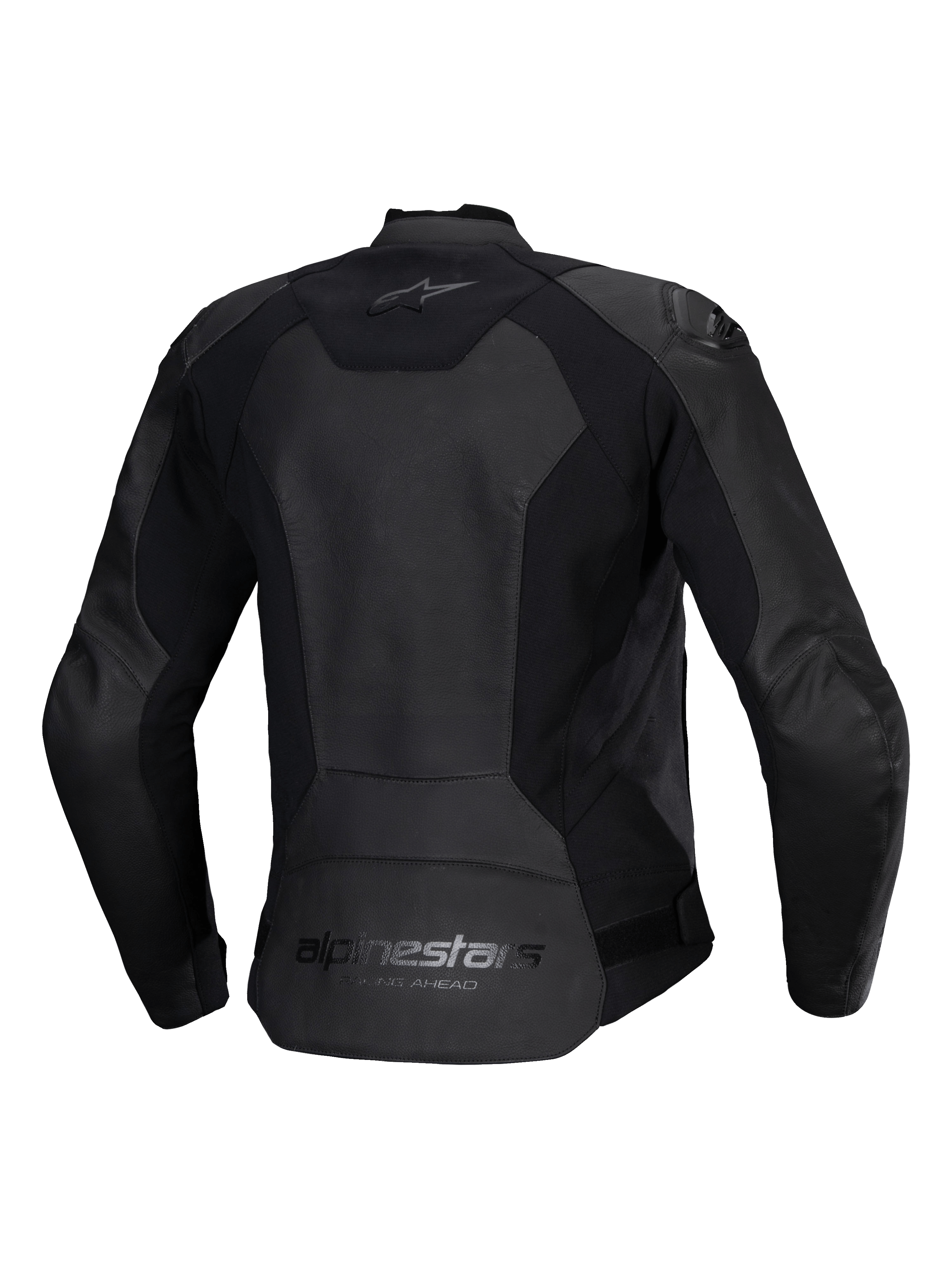 Alpinestars Stella Faster V3 Lederjacke für Damen, Motorrad-Lederjacke für Damen, Schwarz, Rückansicht mit Alpinestars-Branding auf dem oberen und unteren Rücken, Stretcheinsätzen für Bewegungsfreiheit und einem verlängerten Rücken für bessere Abdeckung.