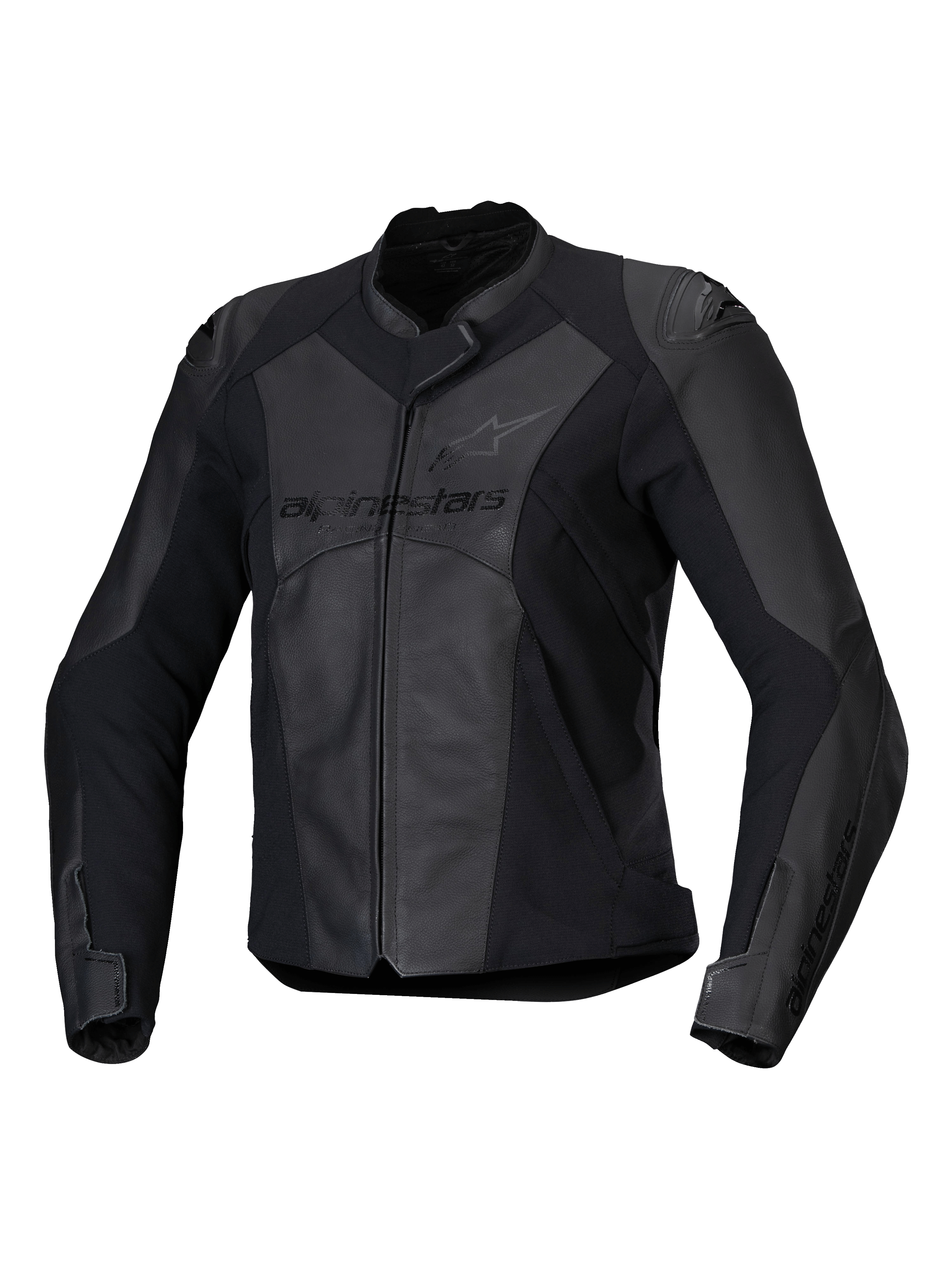 Alpinestars Stella Faster V3 Leather Jacket, Women's Sport Motorcycle Jacket, Black and Dark Gray, premium leather and textile construction with HRSF stretch panels, CE certified protection, high collar and full front zipper, sleek race-derived fit