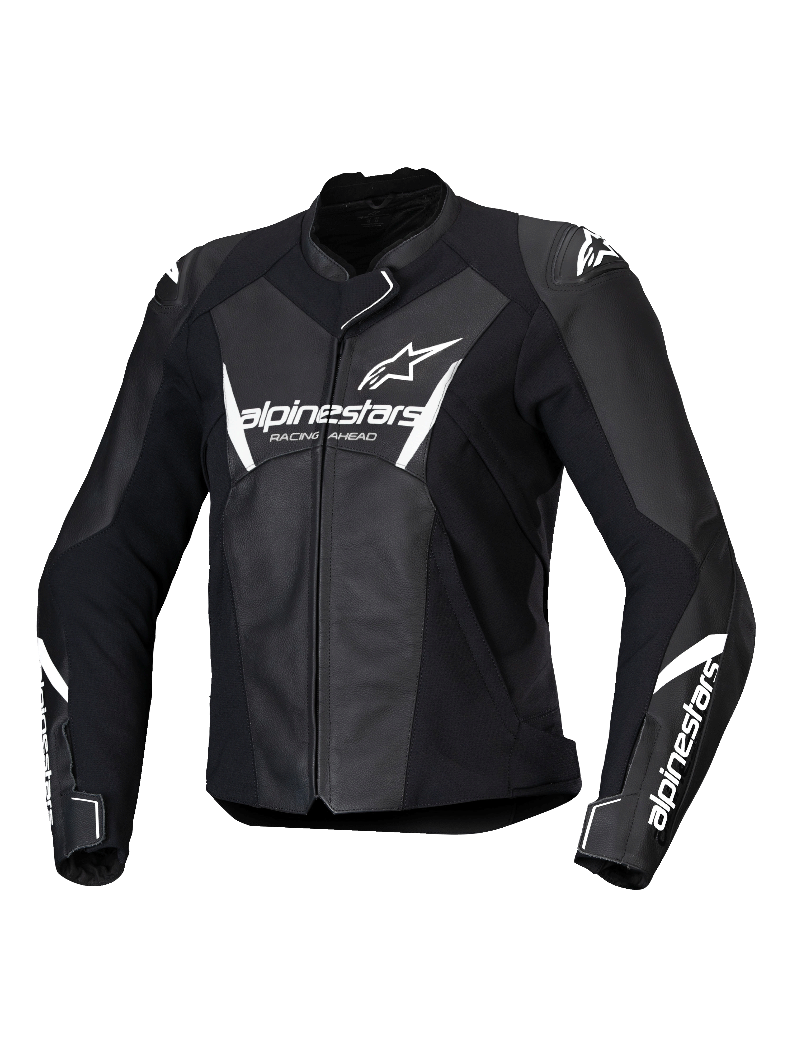 Alpinestars Stella Faster V3 Lederjacke, Damen-Motorrad-Rennjacke, Schwarz und Weiß, mit weißem Alpinestars-Branding auf Brust und Ärmeln, hochwertige Lederkonstruktion mit verstärkten Schultern, aerodynamisches Sportdesign