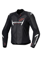 Alpinestars Stella Faster V3 Lederjacke, Damen-Motorradjacke, Schwarz mit weißen und Fluo Coral Akzenten, hochwertige Lederkonstruktion, Alpinestars-Branding auf Brust und Ärmeln, sportliche Racing-Passform mit integriertem Schulterschutz und Frontreißverschluss.