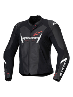 Alpinestars Stella Faster V3 Leather Jacket, Women's Motorcycle Racing Jacket, Black with White and Fluo Coral accents, premium leather construction, featuring Alpinestars branding on the chest and sleeves, sporty racing fit with integrated shoulder protection and front zipper closure.