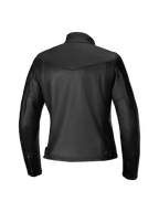 Alpinestars Tory Damen Lederjacke, Motorradjacke, Schwarz, Rückansicht mit taillierter femininer Passform, Leder-Akkordeon-Einsätze an den Schulterblättern, Ärmelbündchen mit Reißverschluss und hochwertige Rindslederstruktur.