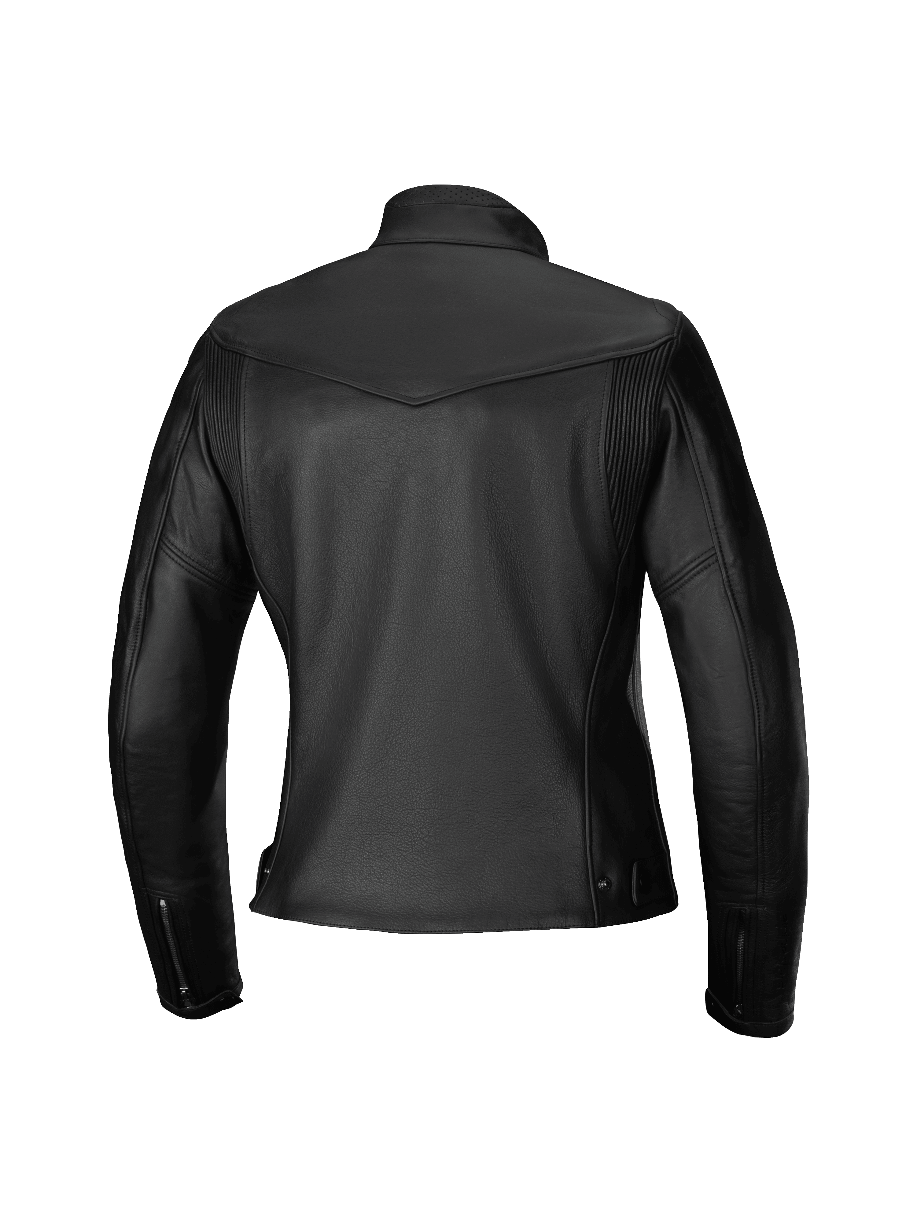 Alpinestars Tory Damen Lederjacke, Motorradjacke, Schwarz, Rückansicht mit taillierter femininer Passform, Leder-Akkordeon-Einsätze an den Schulterblättern, Ärmelbündchen mit Reißverschluss und hochwertige Rindslederstruktur.