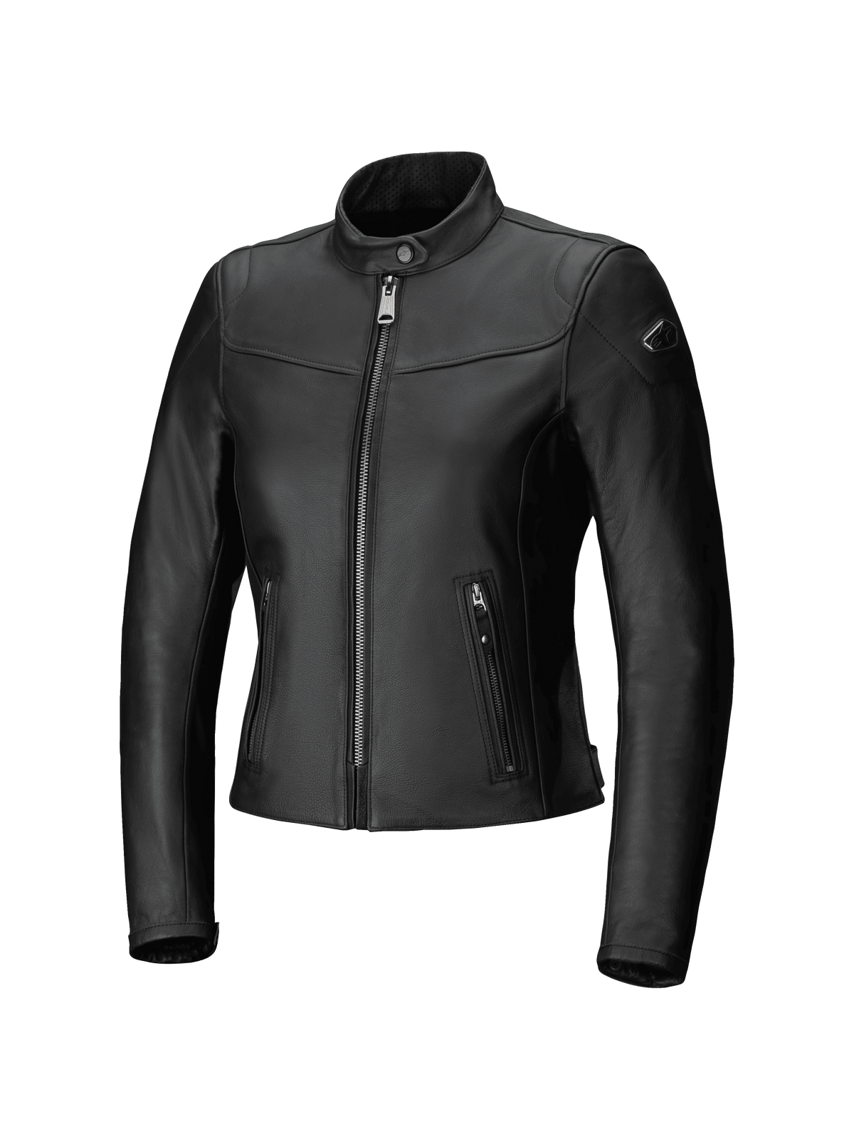 Alpinestars Tory Women Leather Jacket, Urban Motorcycle Jacket, Black, tailored fit with metallic gunmetal front zipper, vertical zippered side pockets, and perforated leather collar, sleek bovine leather finish