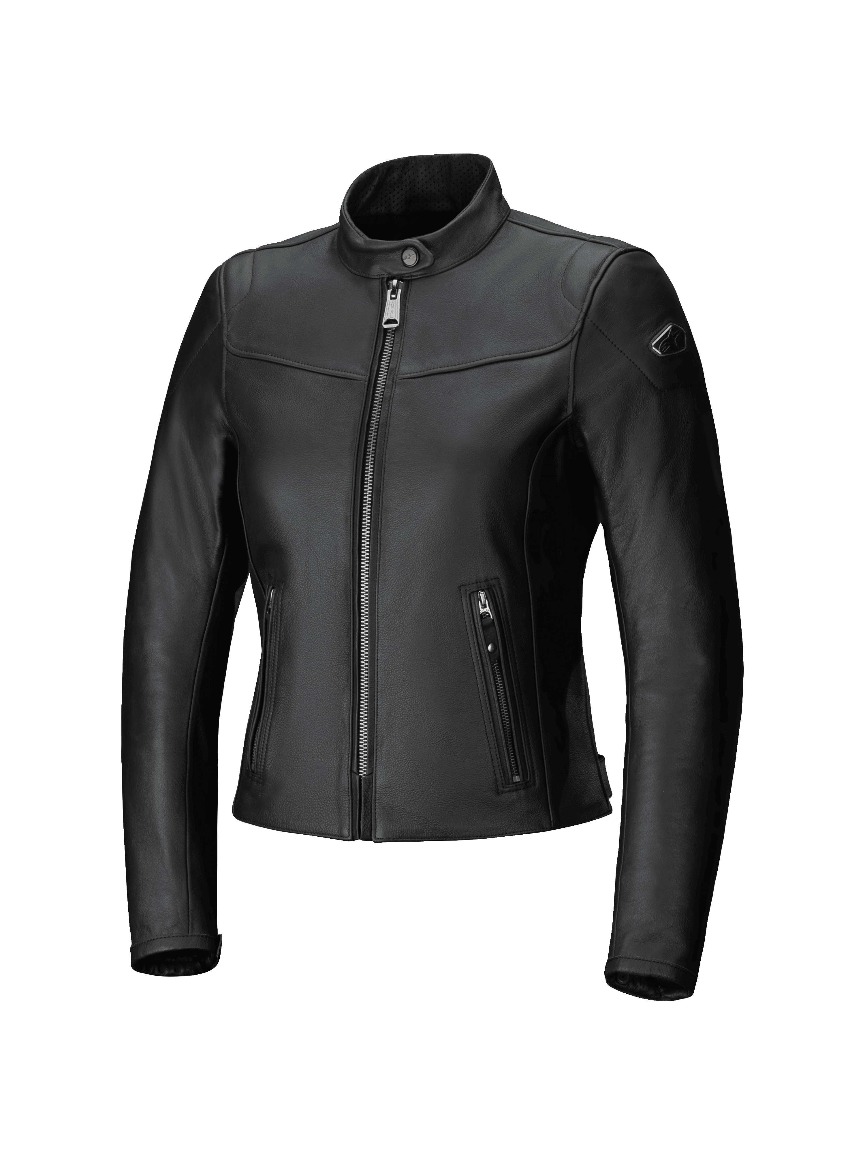 Alpinestars Tory Damen-Lederjacke, urbane Motorradjacke, Schwarz, taillierte Passform mit metallischem Gunmetal-Frontreißverschluss, vertikale Seitentaschen mit Reißverschluss, perforierter Lederkragen, glattes Rindsleder-Finish