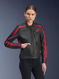 Alpinestars Stella Dyno Leather Jacket, Women's Motorcycle Jacket, Black Haute Red, worn by a model with black jeans, featuring red racing stripes on shoulders and sleeves with bold branding, premium leather construction, heritage-inspired design for urban riding