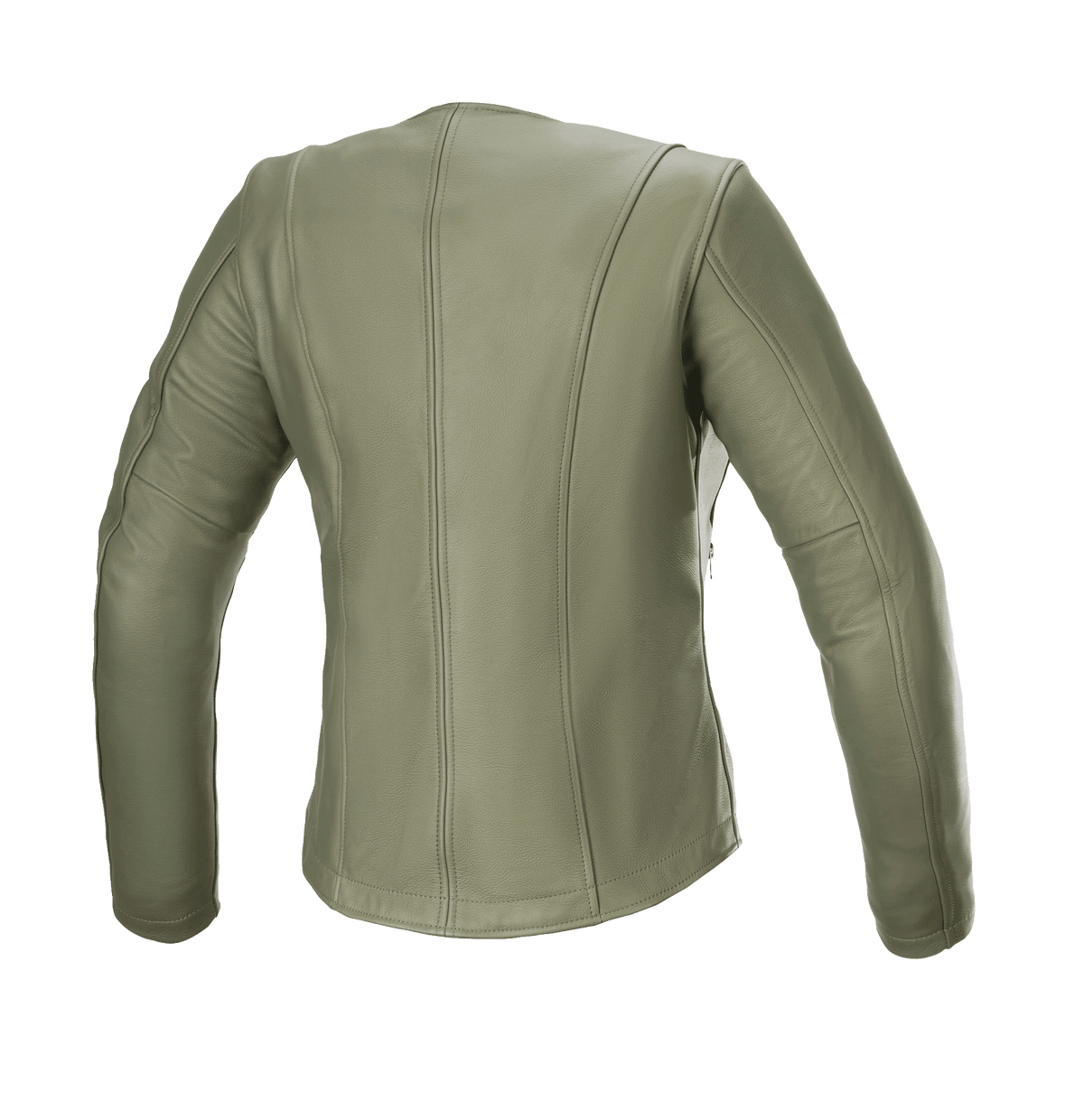 Alpinestars Alice Damen-Lederjacke, Military Green, Rückansicht, Premium-Leder-Motorradjacke mit eleganten konturierten vertikalen Nähten und vorgekrümmten Ärmeln für eine urbane Damenpassform