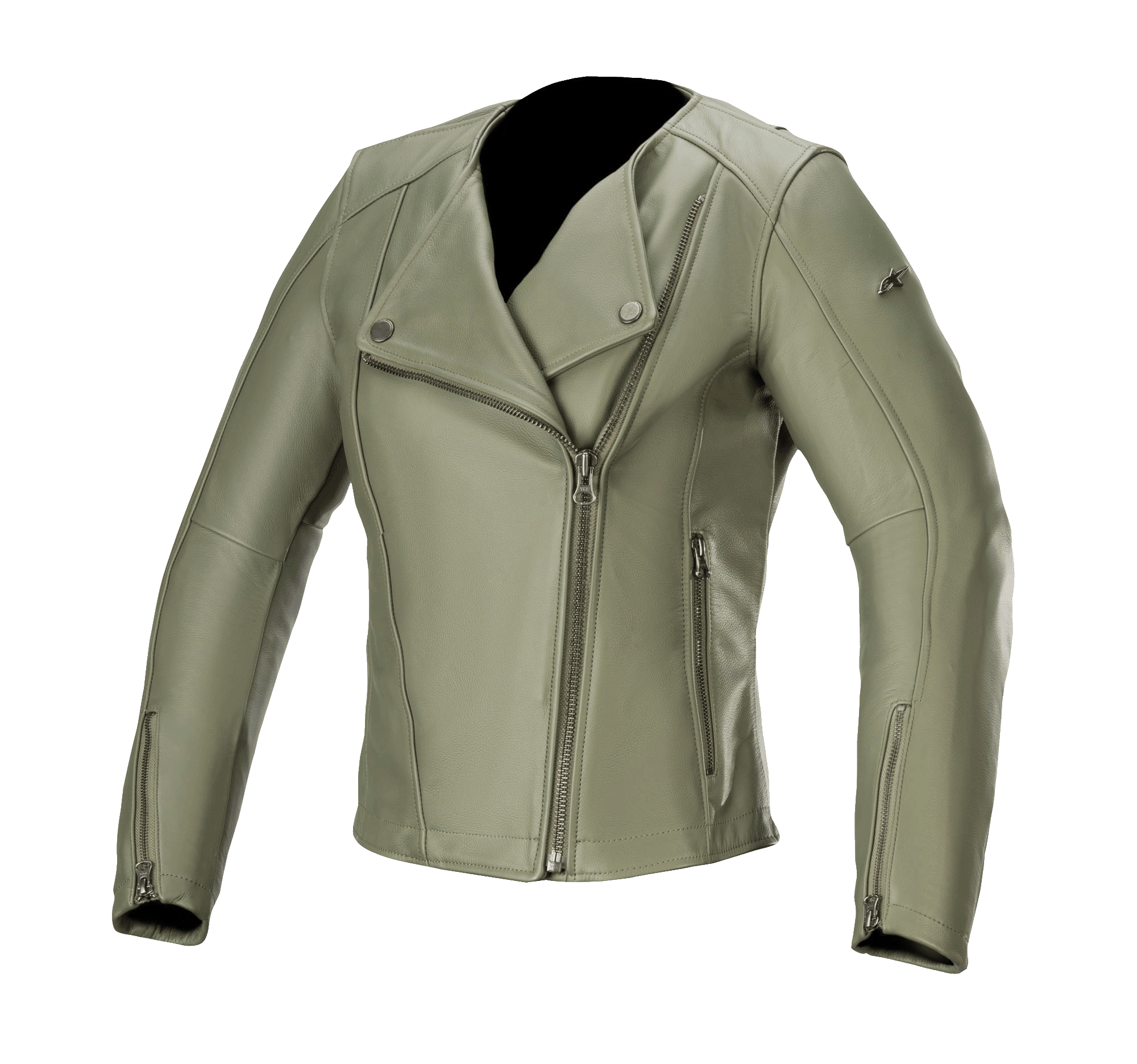 Alpinestars Alice Damen-Lederjacke, Military Green, Leder-Motorradjacke mit asymmetrischem Frontreißverschluss, Kragen mit Druckknöpfen, Ärmelbündchen mit Reißverschluss, Konstruktion aus hochwertigem Rindsleder, feminine Passform für urbanes Fahren