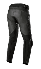 Alpinestars Missile V3 Lederhose - Kurz, Schwarz, Rückansicht mit hoher Taillenkonstruktion, Akkordeon-Leder-Stretchzonen über dem Knie und Stretch-Einsätzen an der Wade für verbesserte Bewegungsfreiheit, hochwertige Motorradausrüstung aus Rindsleder für den Straßenrennsport.