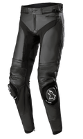 Alpinestars Missile V3 Leather Pants - Long, Black Motorcycle Racing Pants, featuring accordion leather stretch panels at the knees, replaceable knee sliders with white logos, premium leather construction, and ergonomic pre-curved fit for track performance