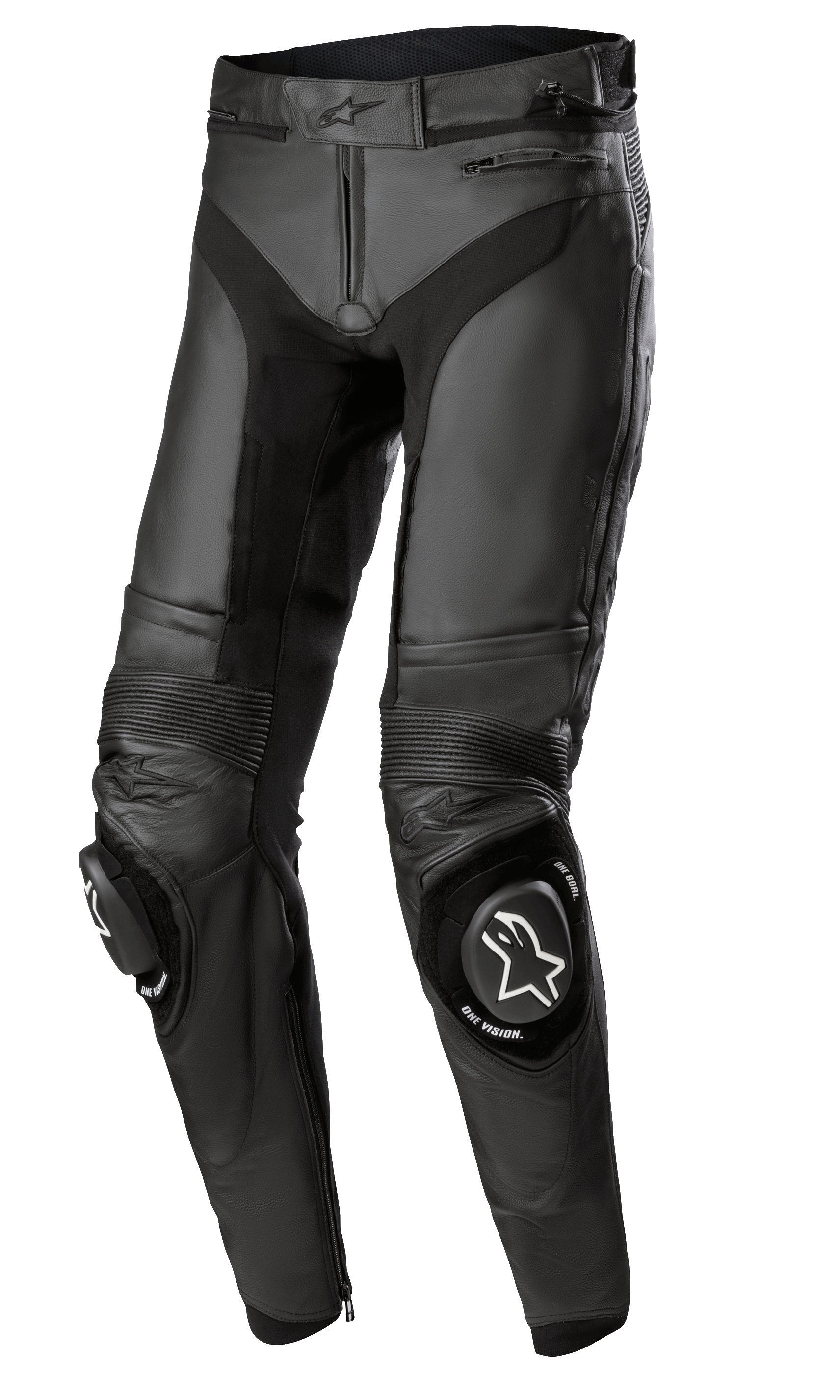 Alpinestars Missile V3 Leather Pants - Long, Black Motorcycle Racing Pants, featuring accordion leather stretch panels at the knees, replaceable knee sliders with white logos, premium leather construction, and ergonomic pre-curved fit for track performance