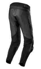 Alpinestars Missile V3 Airflow Lederhose, Schwarz, Rückansicht mit hochwertiger Lederkonstruktion, Akkordeon-Stretchzonen über dem Knie, hohem Rückenbund und flexiblen Stretch-Paneelen an den Waden mit Knöchel-Reißverschlüssen.