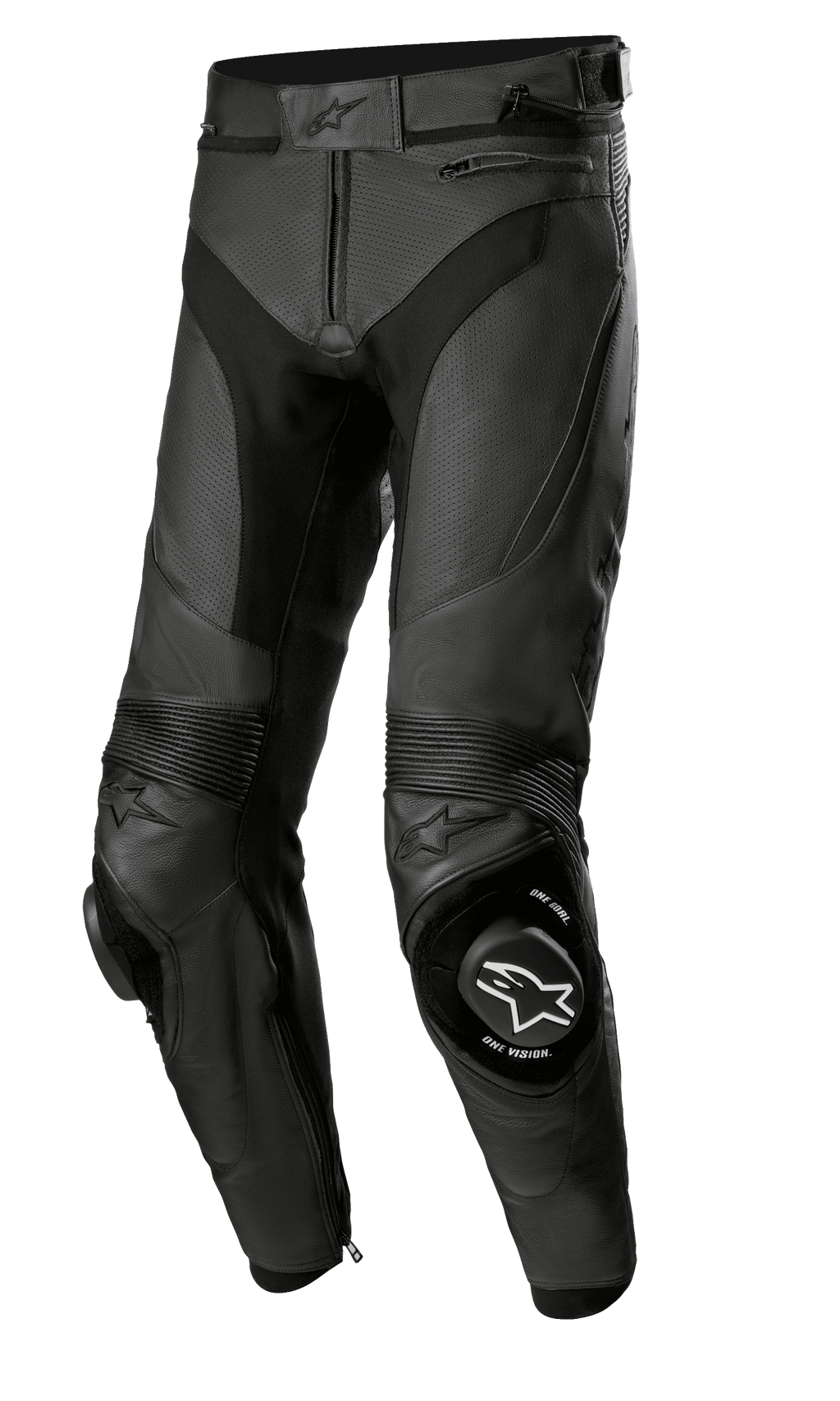 Alpinestars Missile V3 Airflow Lederhose, schwarze Motorrad-Rennhose, hochwertige perforierte Lederkonstruktion für maximale Belüftung, verstärkte Knieschleifer mit ONE GOAL ONE VISION Branding, Akkordeon-Stretcheinsätze für Flexibilität, Reißverschlusstaschen und Taillenverstellung, elegantes schwarzes Design für Sport- und Rennstreckenleistung