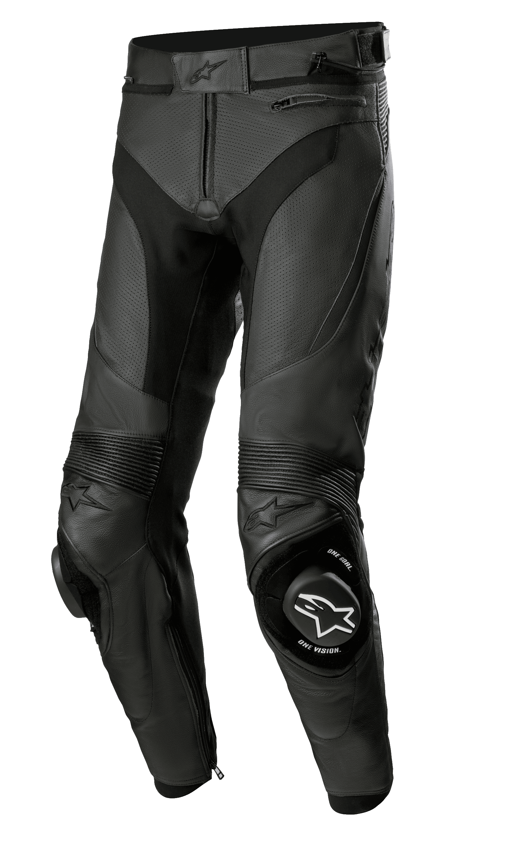Alpinestars Missile V3 Airflow Lederhose, schwarze Motorrad-Rennhose, hochwertige perforierte Lederkonstruktion für maximale Belüftung, verstärkte Knieschleifer mit ONE GOAL ONE VISION Branding, Akkordeon-Stretcheinsätze für Flexibilität, Reißverschlusstaschen und Taillenverstellung, elegantes schwarzes Design für Sport- und Rennstreckenleistung