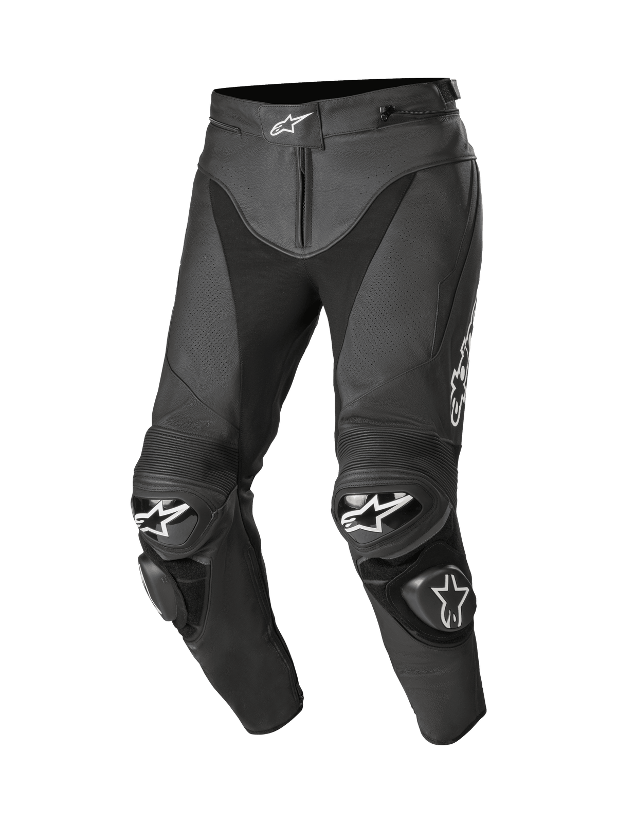 Alpinestars Track V2 Lederhose, schwarze Motorradrennhose, mit weißen Stern-Logos an Taille und Knien, perforierte Lederkonstruktion, Akkordeon-Stretch-Einsätze über den Knien und austauschbare TPU-Knieschleifer, hochwertiges 1,3 mm Rindsleder mit vorgeformter Beinkonstruktion für Rennsport-Performance