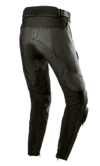 Alpinestars Damen Stella Missile V3 Lederhose, Schwarz, Rückansicht mit hohem hinterem Bund und Akkordeon-Leder-Stretchzonen oberhalb des Knies, hochwertige Rindslederkonstruktion mit Stretcheinsätzen an den Waden und Knöchelreißverschlüssen, konzipiert für Rennsport und sportliches Fahren.