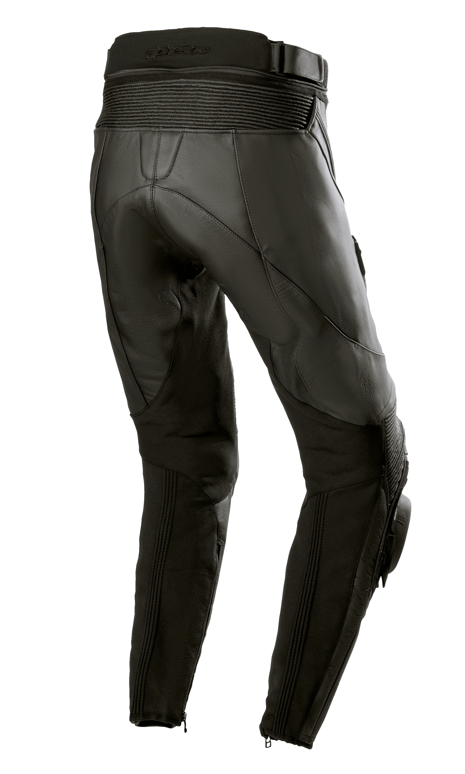 Alpinestars Damen Stella Missile V3 Lederhose, Schwarz, Rückansicht mit hohem hinterem Bund und Akkordeon-Leder-Stretchzonen oberhalb des Knies, hochwertige Rindslederkonstruktion mit Stretcheinsätzen an den Waden und Knöchelreißverschlüssen, konzipiert für Rennsport und sportliches Fahren.