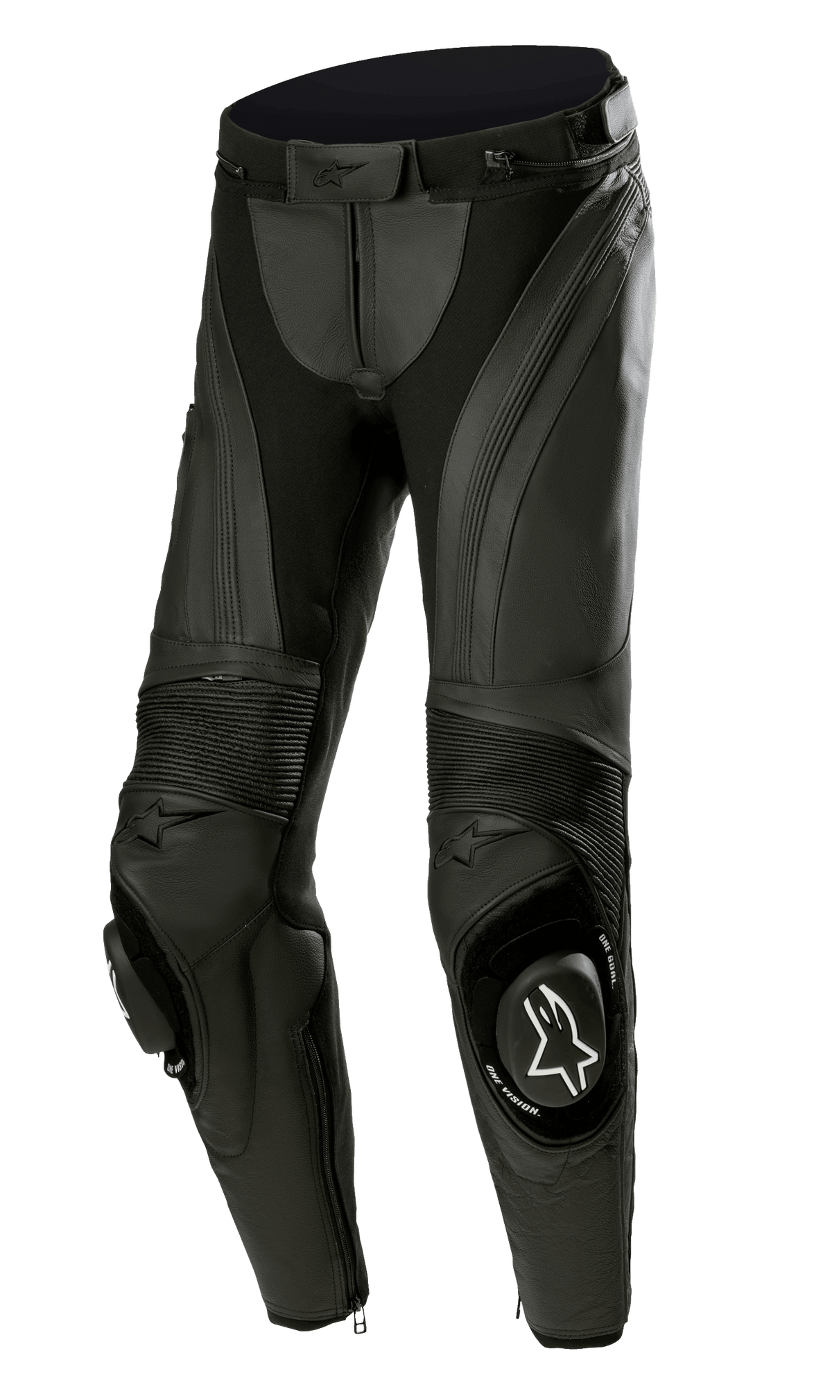 Alpinestars Stella Missile V3 Lederhose, Damen-Motorradrennhose, Schwarz, hochwertiges Leder mit Akkordeon-Stretcheinsätzen, austauschbare Knieschleifer mit weißem Alpinestars-Logo, ergonomisch vorgeformtes Design