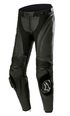 Alpinestars Stella Missile V3 Lederhose, Damen-Motorradrennhose, Schwarz, hochwertiges Leder mit Akkordeon-Stretcheinsätzen, austauschbare Knieschleifer mit weißem Alpinestars-Logo, ergonomisch vorgeformtes Design