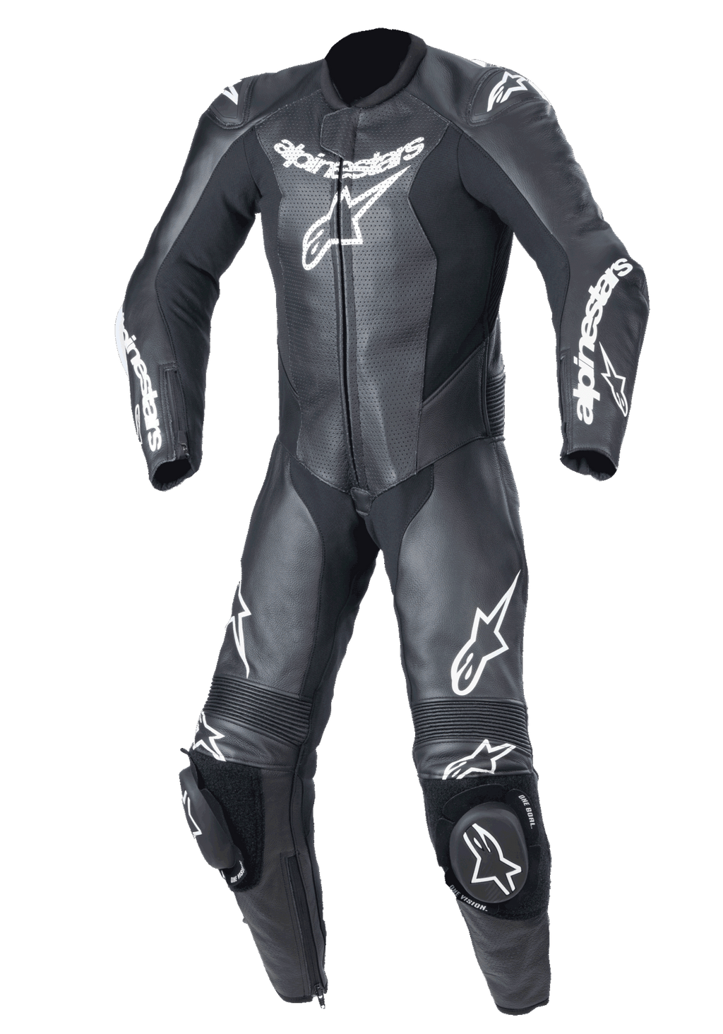 Alpinestars Youth GP Plus V2 1-Piece Leather Suit, Youth Motorcycle Racing Suit, Black with white Alpinestars branding, perforated leather chest panels, integrated knee sliders, accordion stretch panels on knees and shoulders, professional track-ready design for junior riders