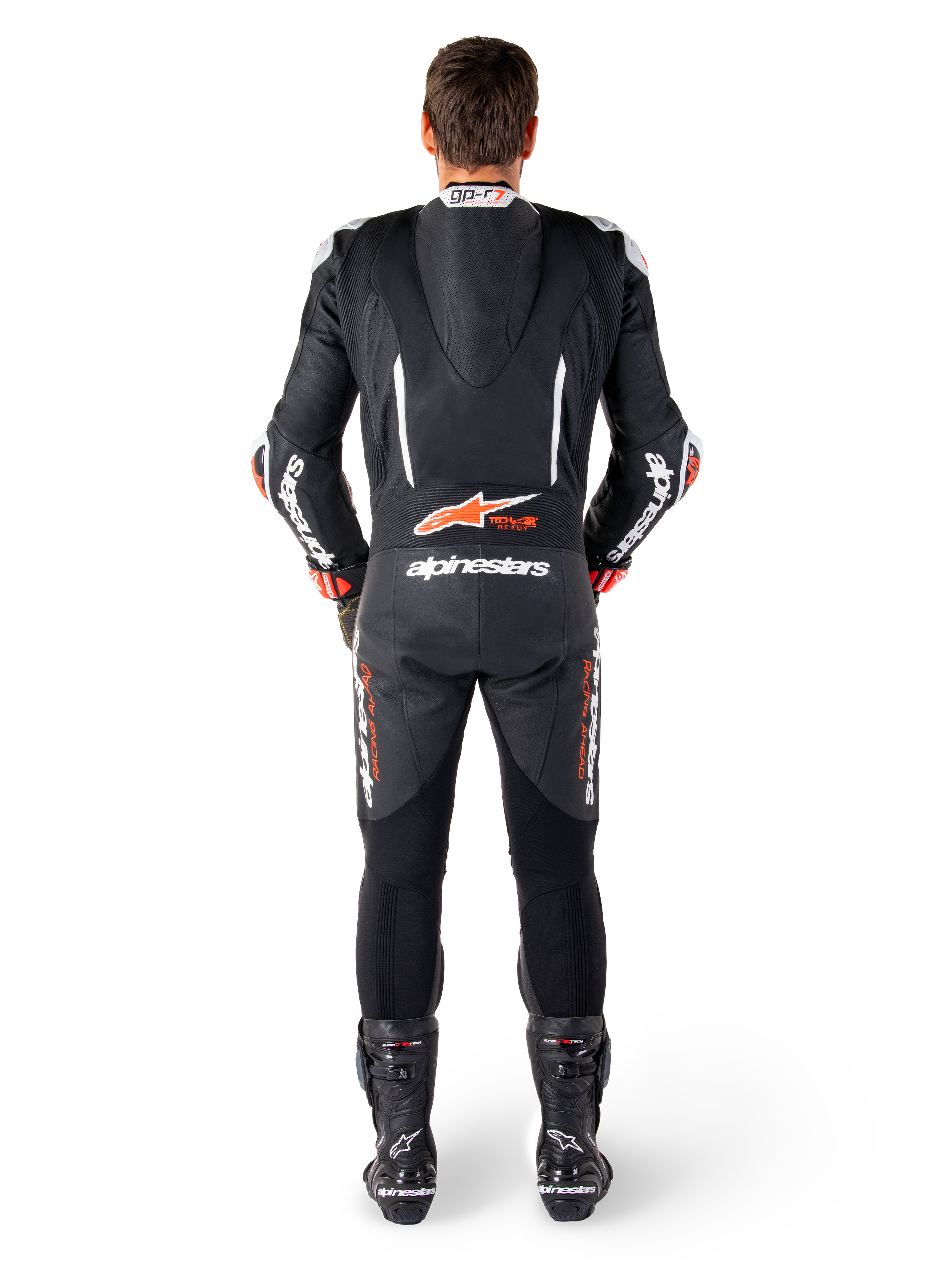 Alpinestars GP-R7 Leather Suit, Black and White, with aerodynamic speed hump and accordion panels for racing.