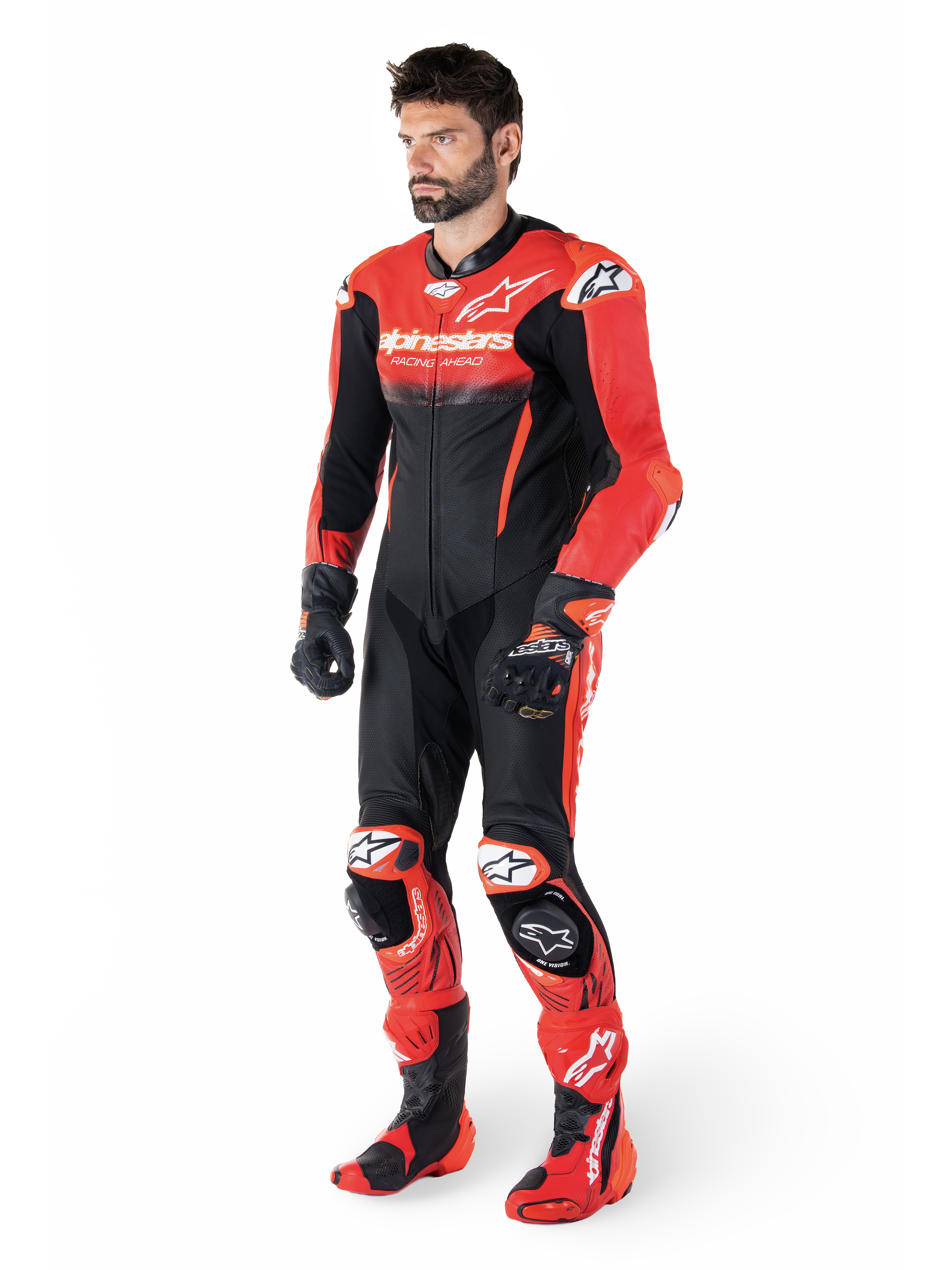 Alpinestars GP-R7 One Piece Leather Suit, Men's Racing, Black and Red, Perforated Bovine Leather, Tech-Air Ready, on model
