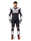 Alpinestars GP-R7 1-Piece Leather Suit in White, Black and Red Fluo, premium leather motorcycle racing gear for men.