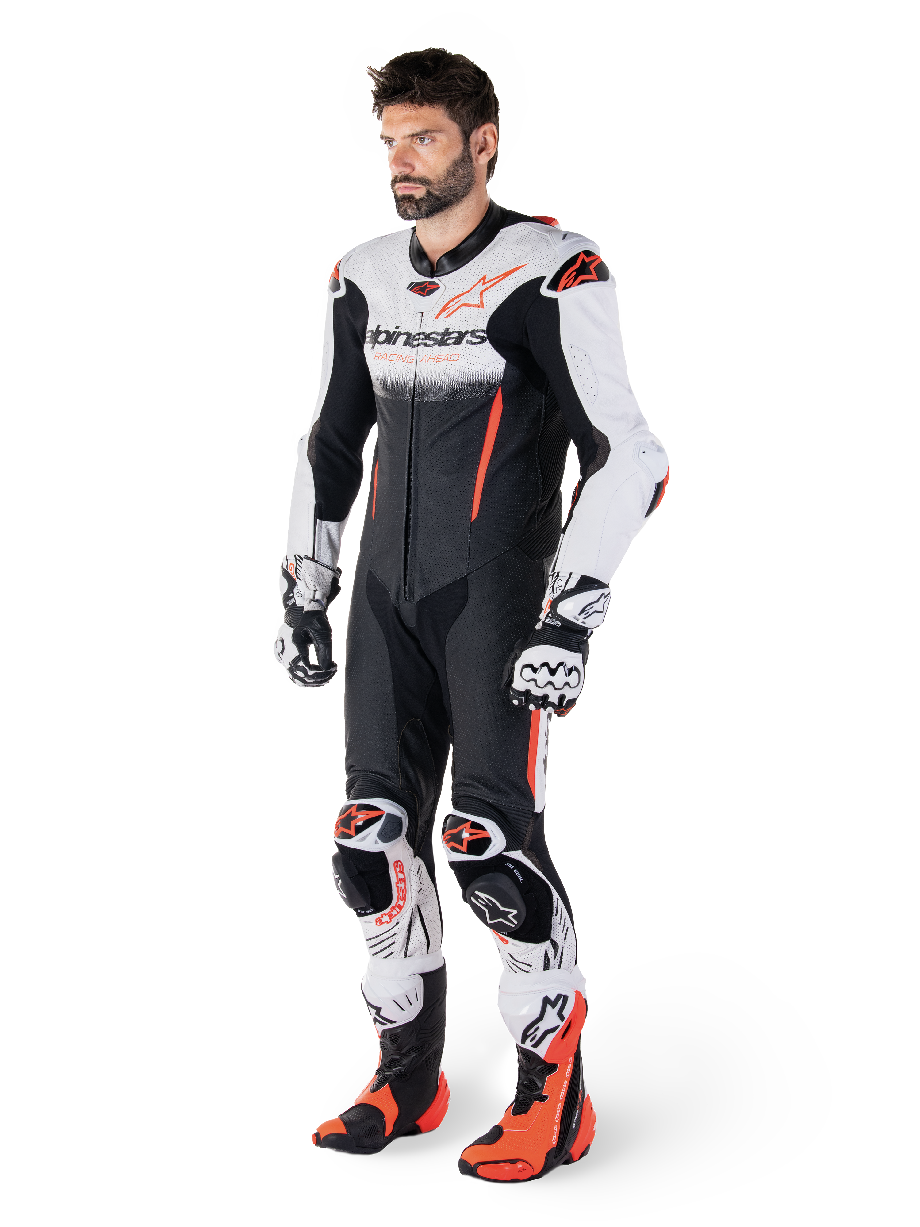 Alpinestars GP-R7 1-Piece Leather Suit, Motorcycle Racing Suit for Men, White and Black, Bovine Leather, CE-Certified AAA, Tech-Air Ready.