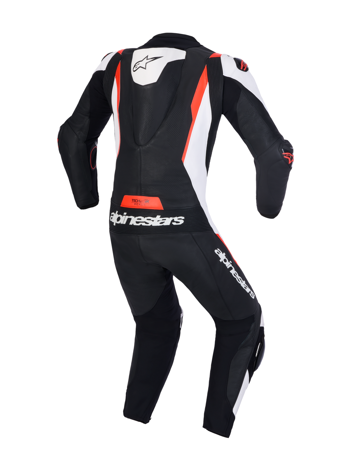 Alpinestars Missile V3 Lederkombi, einteiliger Rennanzug, Rückansicht mit aerodynamischem Höcker, Schwarz, Weiß und Rot Fluo, Premium-Lederkonstruktion