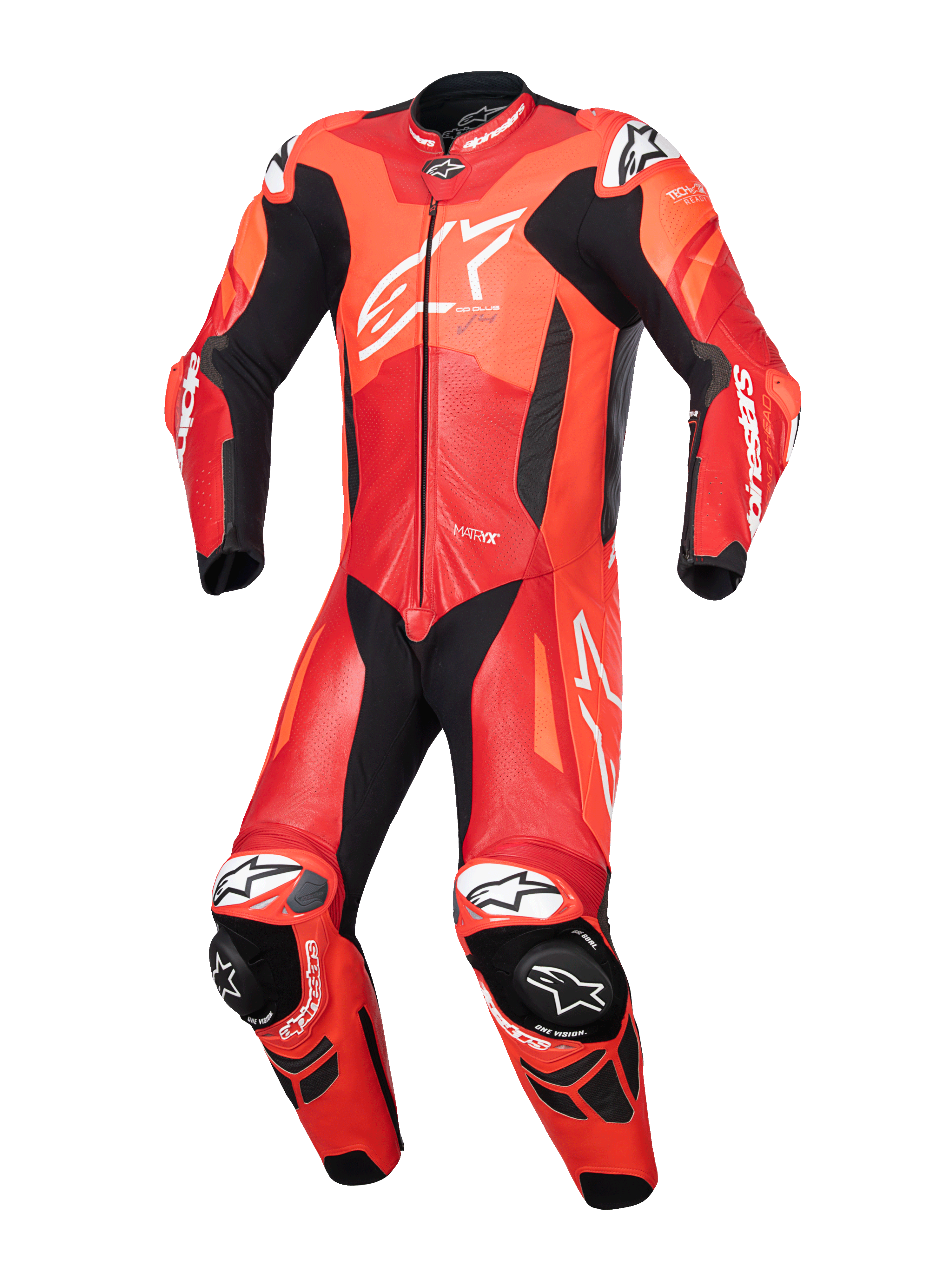 Alpinestars GP Plus V4 Sprint 1PC Leather Suit, Men's Motorcycle Racing Suit in Red Fluo and White, Perforated Leather.