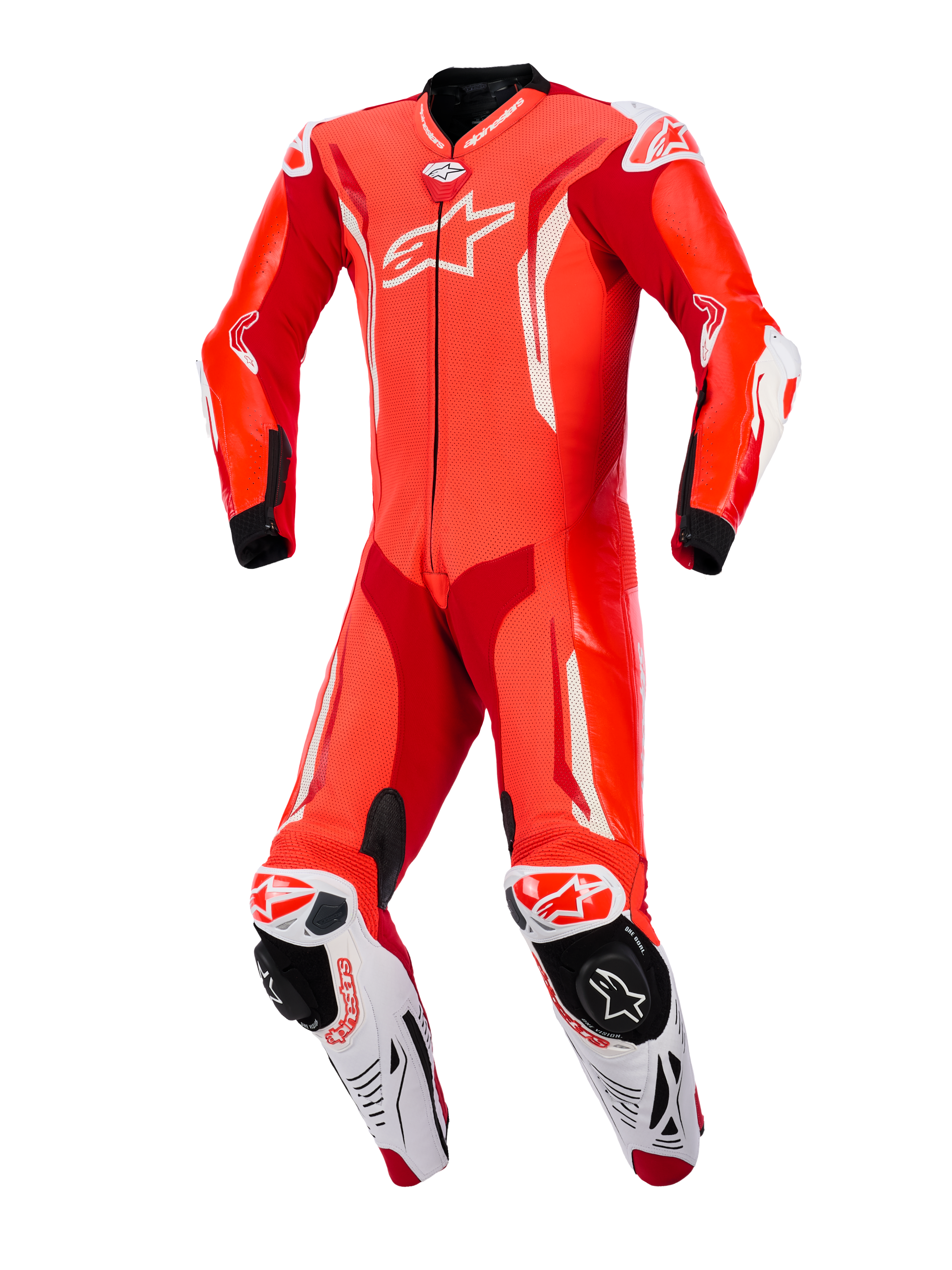 Alpinestars GP Tech V5 One Piece Leather Suit, Red Fluo Bright Red and White, front view, professional motorcycle racing suit featuring perforated leather, white aerodynamic accents, and integrated knee sliders