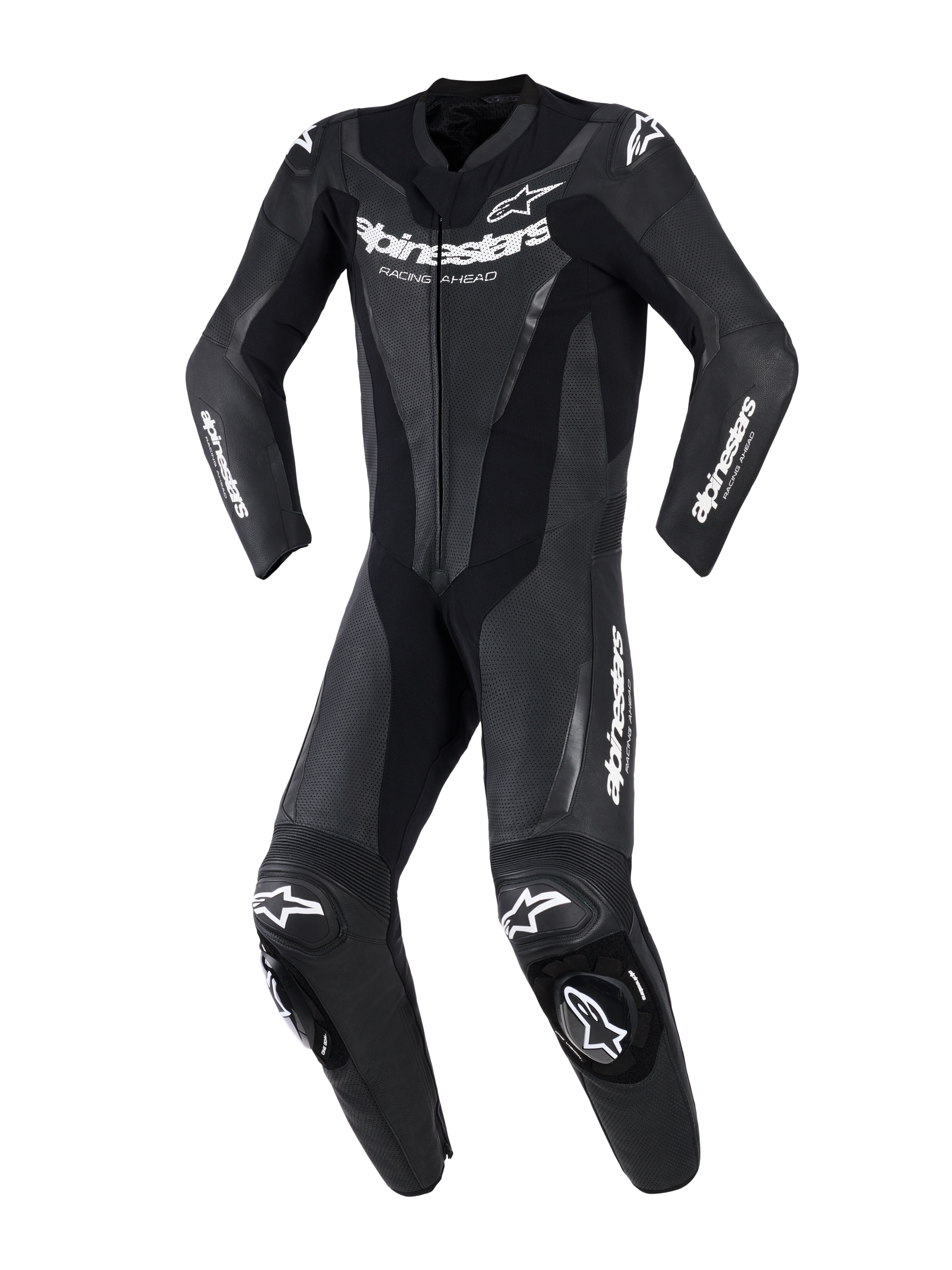 Alpinestars GP Force V2 Leather Suit - 1Piece, Black, professional one-piece motorcycle racing suit with white Alpinestars branding on chest and sleeves, perforated leather panels for ventilation, accordion stretch sections, and integrated knee sliders, front view.