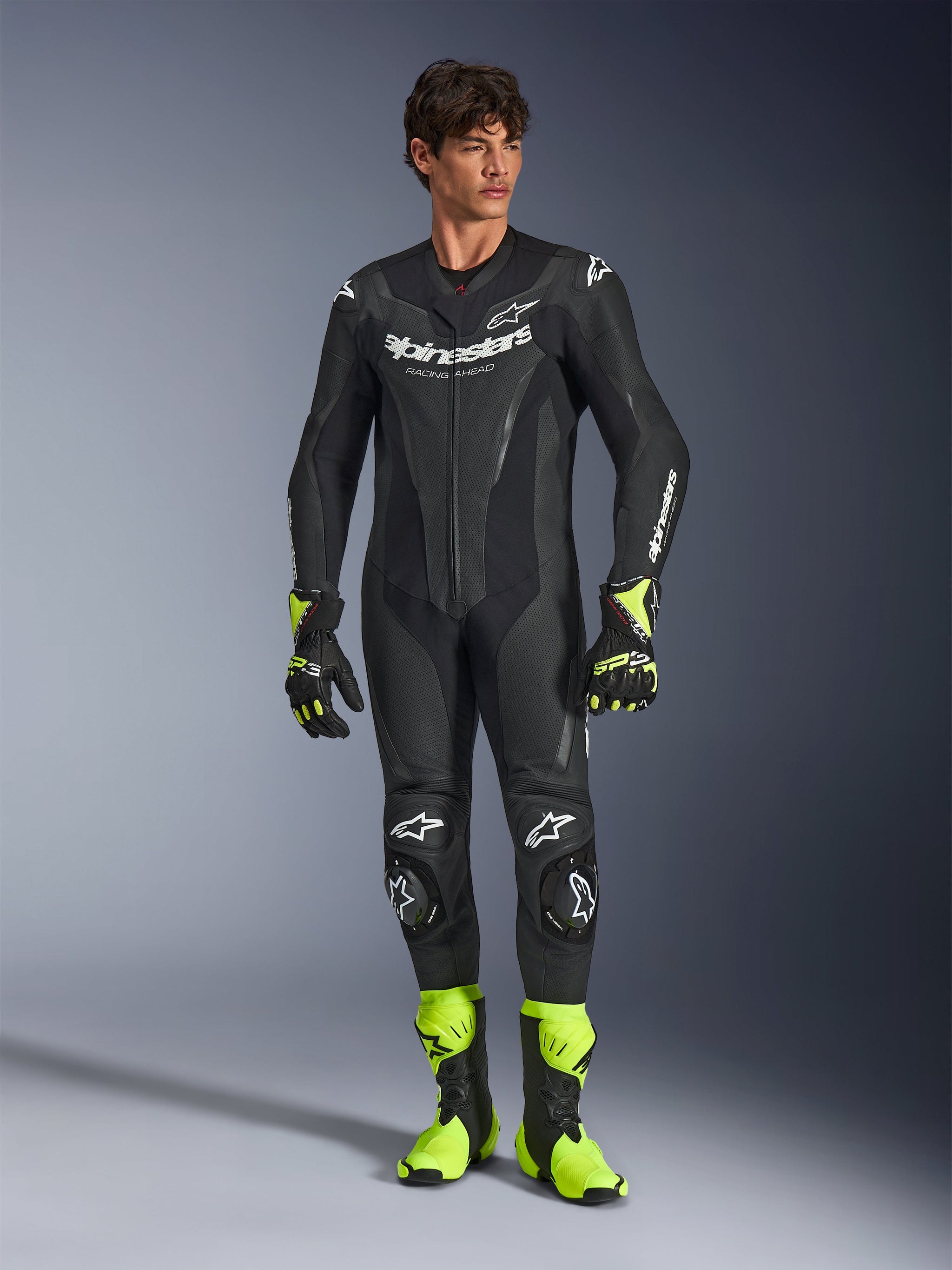 GP Force V2 Leather Suit, One-Piece Motorcycle Racing Suit, Black with Neon Yellow Boots and Gloves, White Logos, Knee and Elbow Protection, Sleek Fitted Design