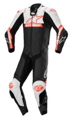 Alpinestars Missile V2 Ward 1-Piece Leather Suit, Motorcycle Racing Suit, Black with White and Red Fluo accents, aerodynamic design with front zipper and knee sliders, premium leather construction