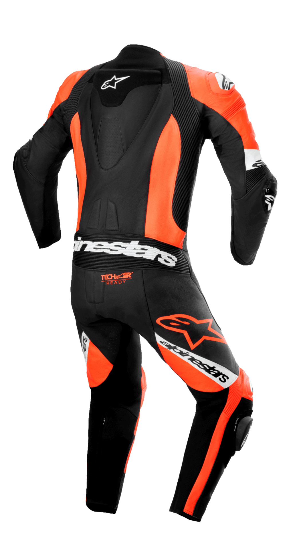 Alpinestars Missile V2 Ward 1-Piece Leather Suit, rear view, Black and Red Fluo with White accents, featuring a streamlined speed hump, accordion stretch panels on the lower back and knees, 'Tech-Air Ready' logo, and prominent Alpinestars branding for professional track racing.