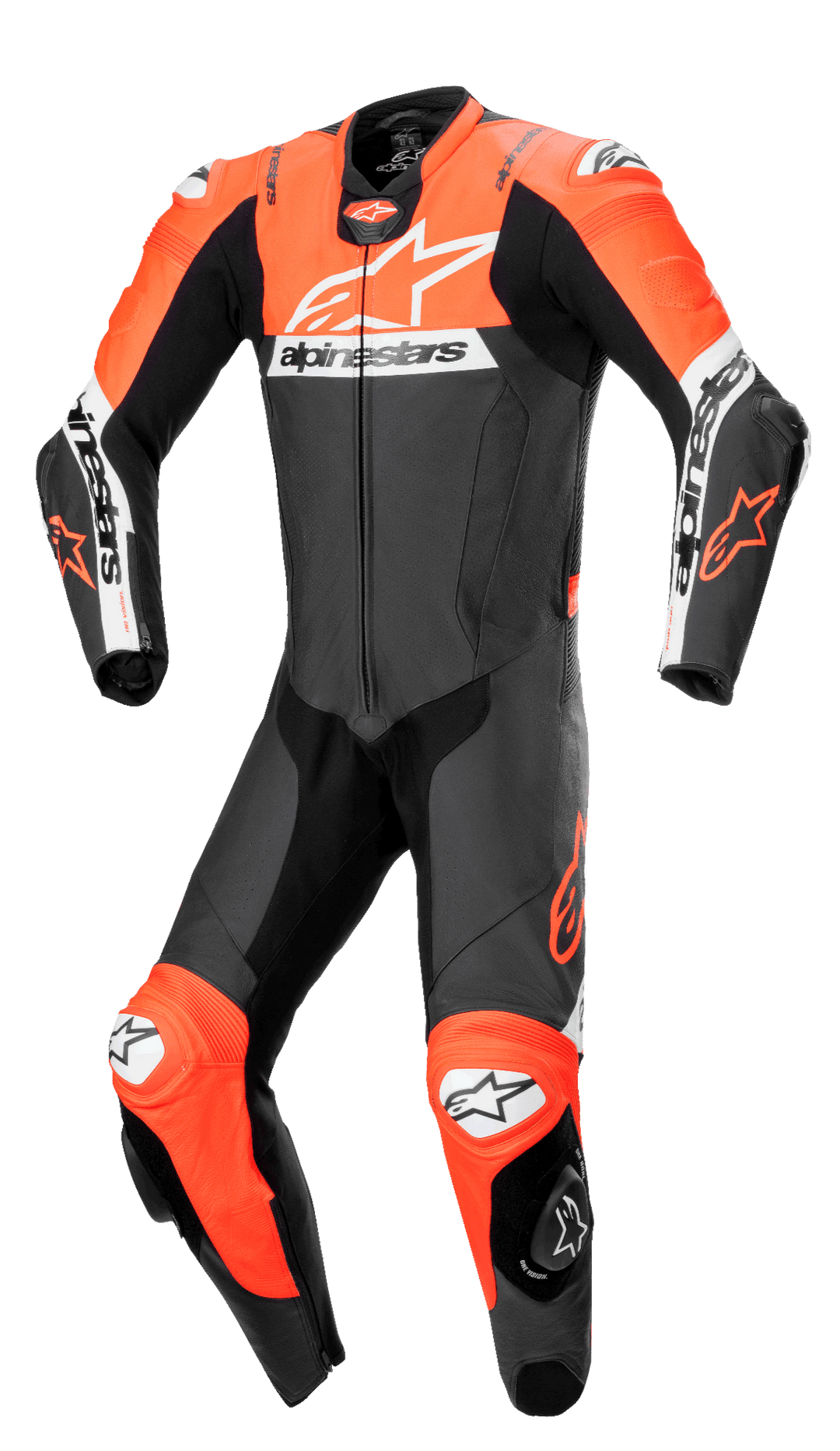 Alpinestars Missile V2 Ward 1-Piece Leather Suit, professional motorcycle racing suit in Black, Red Fluo, and White, featuring a large white chest logo, perforated leather panels, accordion stretch zones on the knees, and integrated protective sliders for track performance.