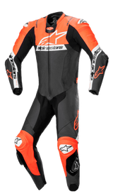 Alpinestars Missile V2 Ward 1-Piece Leather Suit, professional motorcycle racing suit in Black, Red Fluo, and White, featuring a large white chest logo, perforated leather panels, accordion stretch zones on the knees, and integrated protective sliders for track performance.