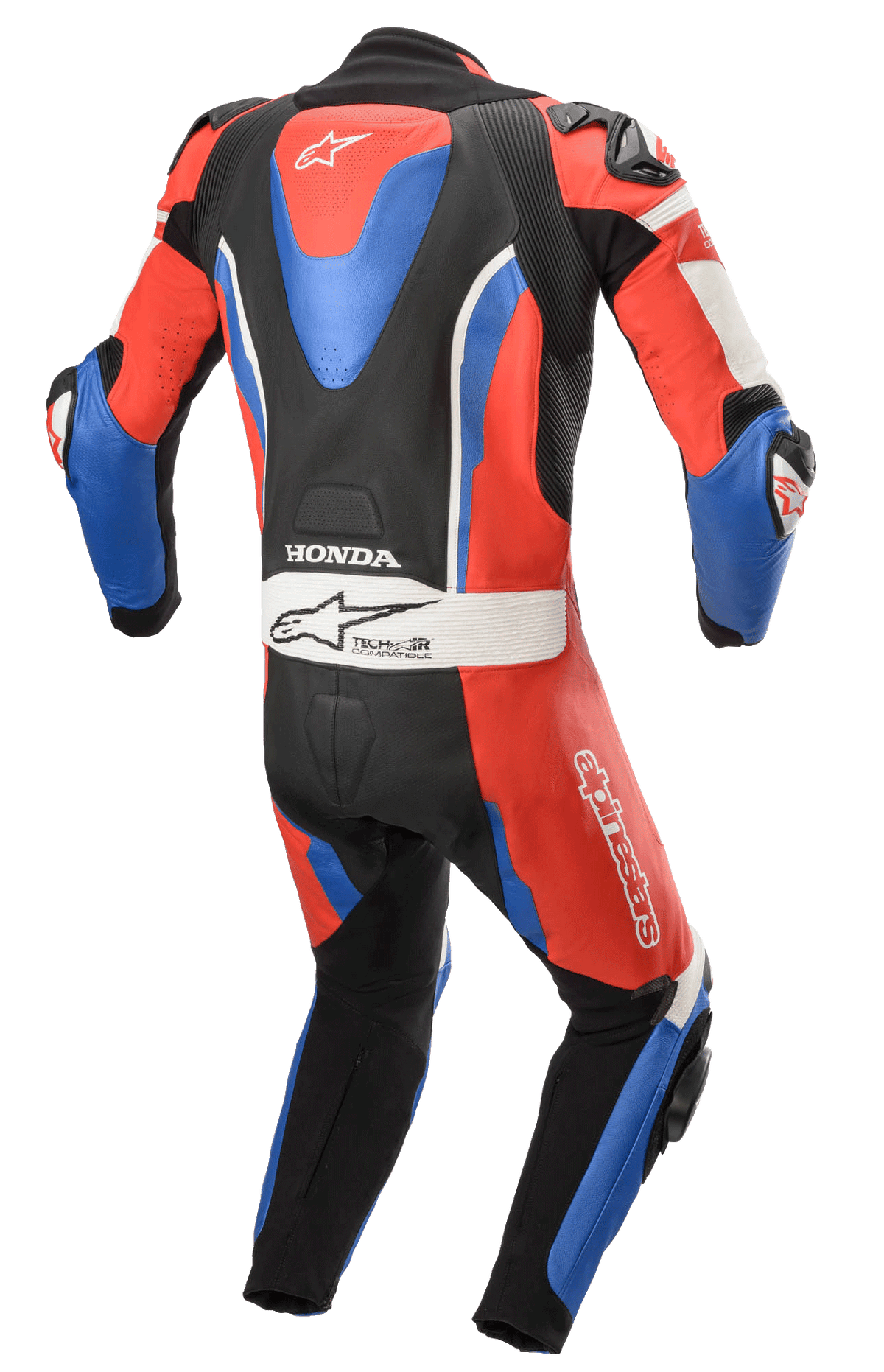 Alpinestars Honda GP Pro V2 Einteiler-Lederkombi, Motorrad-Rennanzug, Schwarz, Rot und Blau, Rückansicht mit aerodynamischem Höcker, Honda- und Tech-Air-Logos, Akkordeon-Stretch-Einsätze für Bewegungsfreiheit, professionelle Rennstreckenausrüstung.