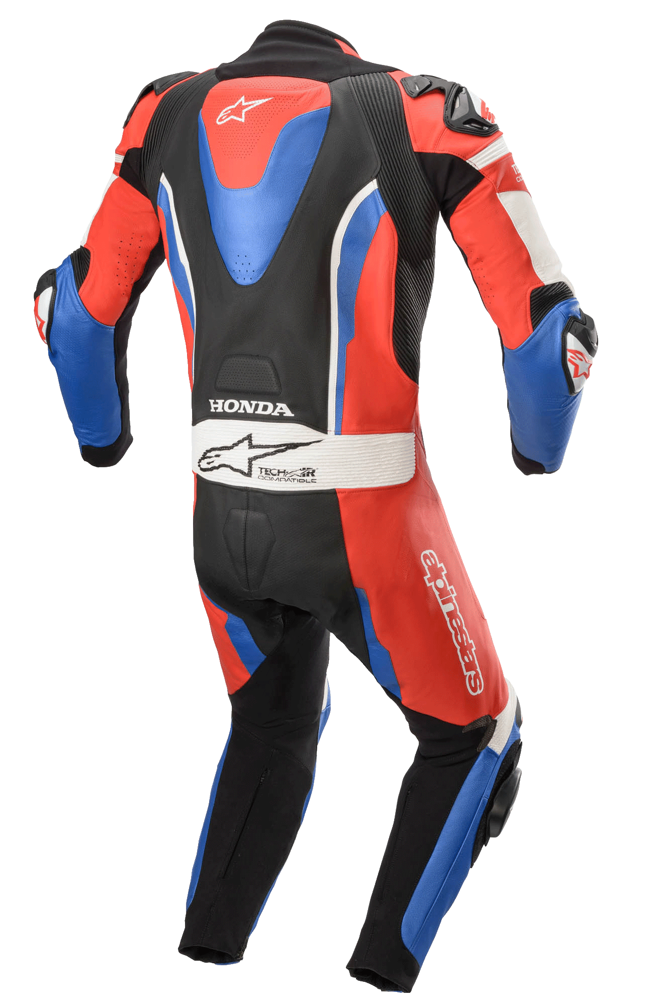 Alpinestars Honda GP Pro V2 Einteiler-Lederkombi, Motorrad-Rennanzug, Schwarz, Rot und Blau, Rückansicht mit aerodynamischem Höcker, Honda- und Tech-Air-Logos, Akkordeon-Stretch-Einsätze für Bewegungsfreiheit, professionelle Rennstreckenausrüstung.