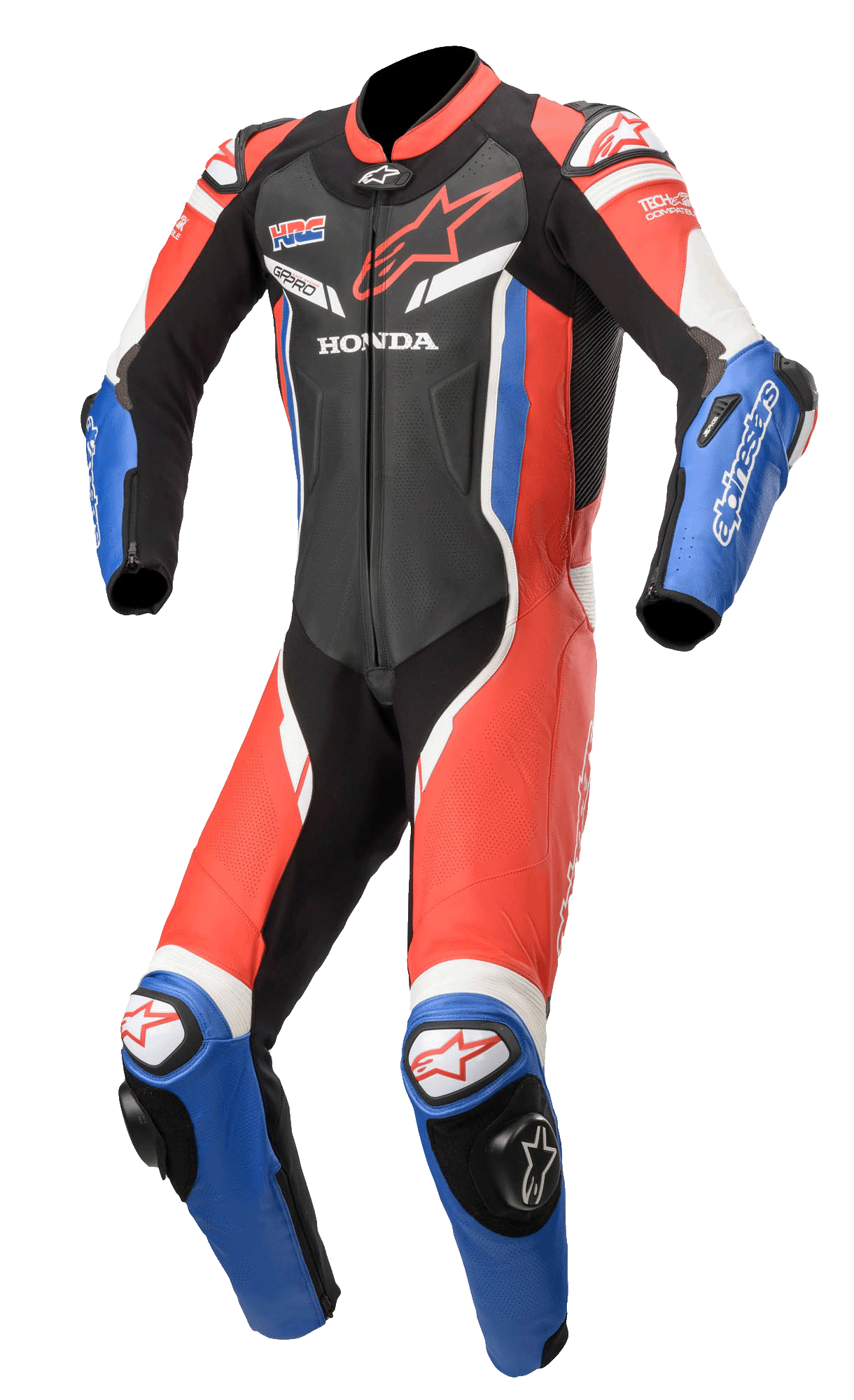 Alpinestars Honda GP Pro V2 Einteiliger Lederkombi, professioneller Motorrad-Rennanzug, Schwarz, Rot und Blau mit weißen Akzenten, mit Honda- und HRC-Logos, aerodynamisches Design mit perforierter Belüftung, DFS-Schleifer an Schultern und Knien, Tech-Air® kompatibel.