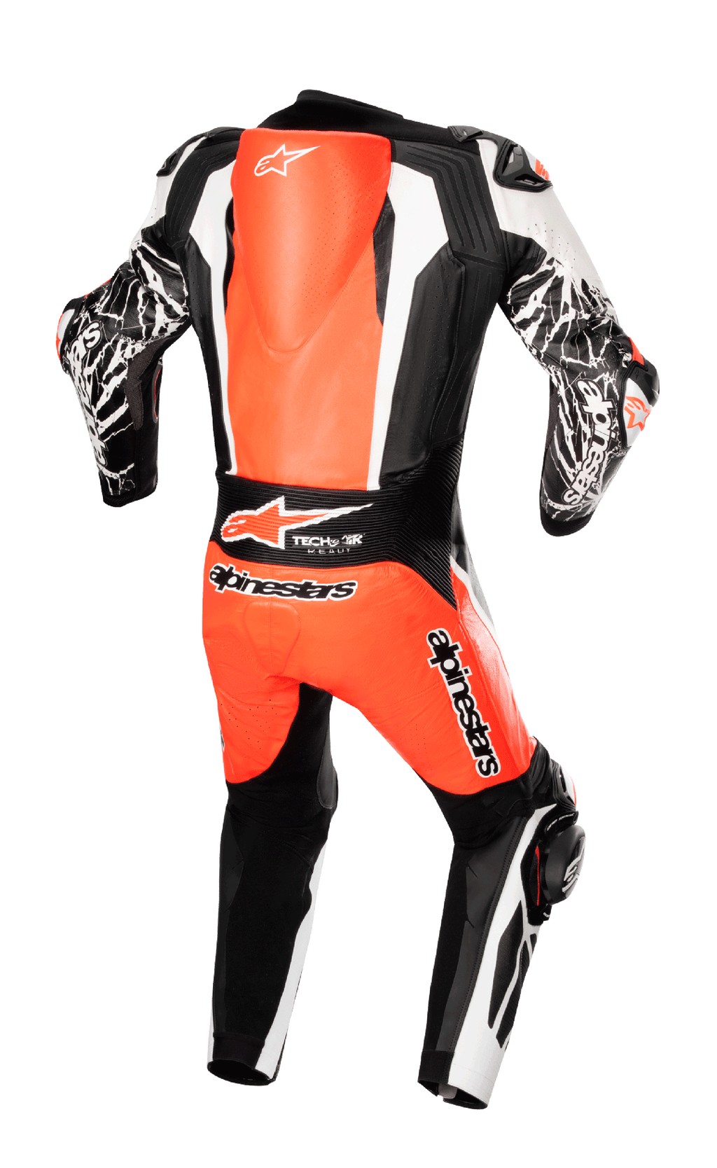 Alpinestars Racing Absolute V2 Einteiliger Lederkombi, Rückansicht, Rot Fluo, Weiß und Schwarz, mit aerodynamischem Rückenhöcker, Tech-Air Ready Branding und Marmoreffekt-Grafiken auf den Ärmeln, professionelle Motorrad-Rennausrüstung