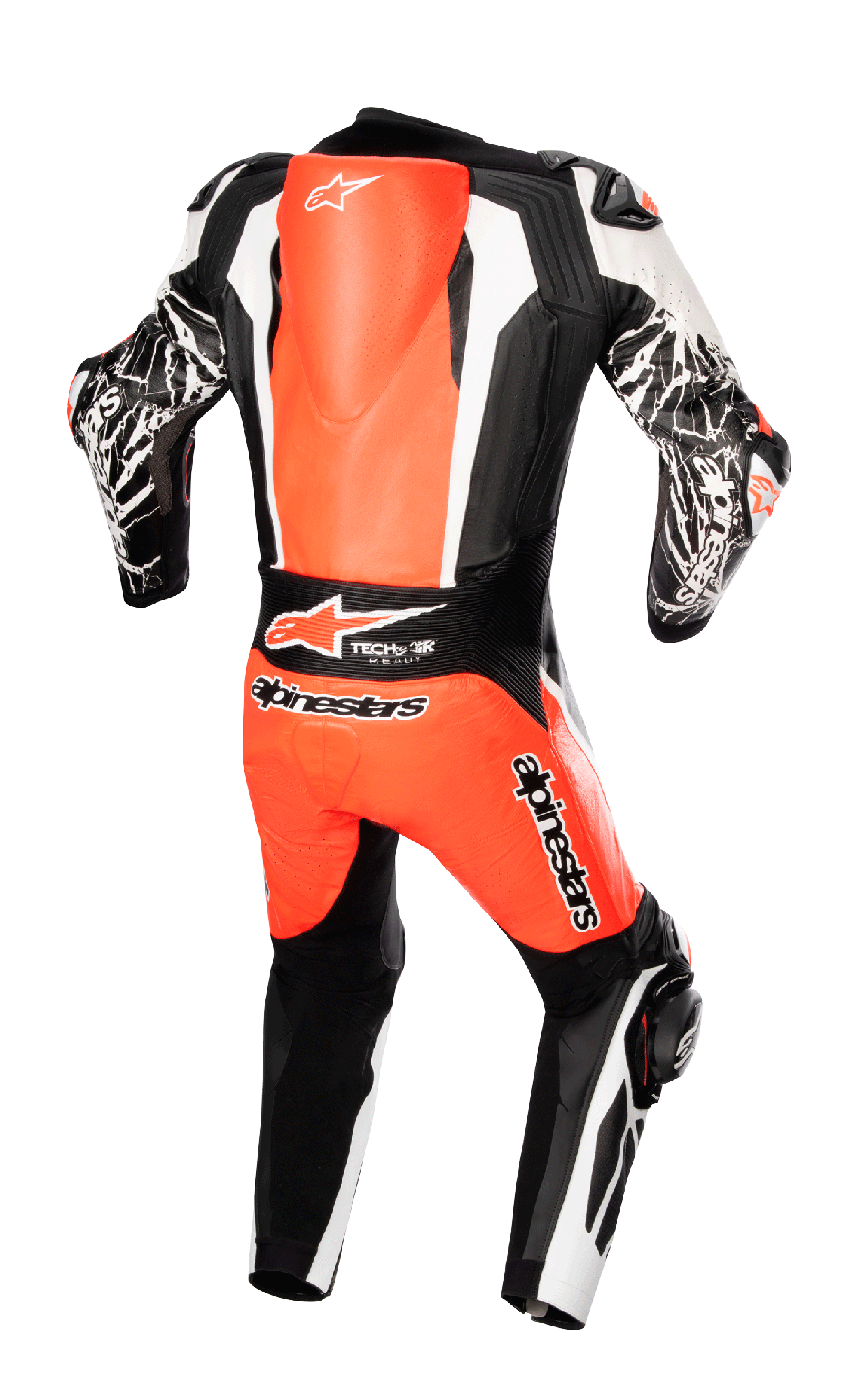 Alpinestars Racing Absolute V2 Einteiliger Lederkombi, Rückansicht, Rot Fluo, Weiß und Schwarz, mit aerodynamischem Rückenhöcker, Tech-Air Ready Branding und Marmoreffekt-Grafiken auf den Ärmeln, professionelle Motorrad-Rennausrüstung