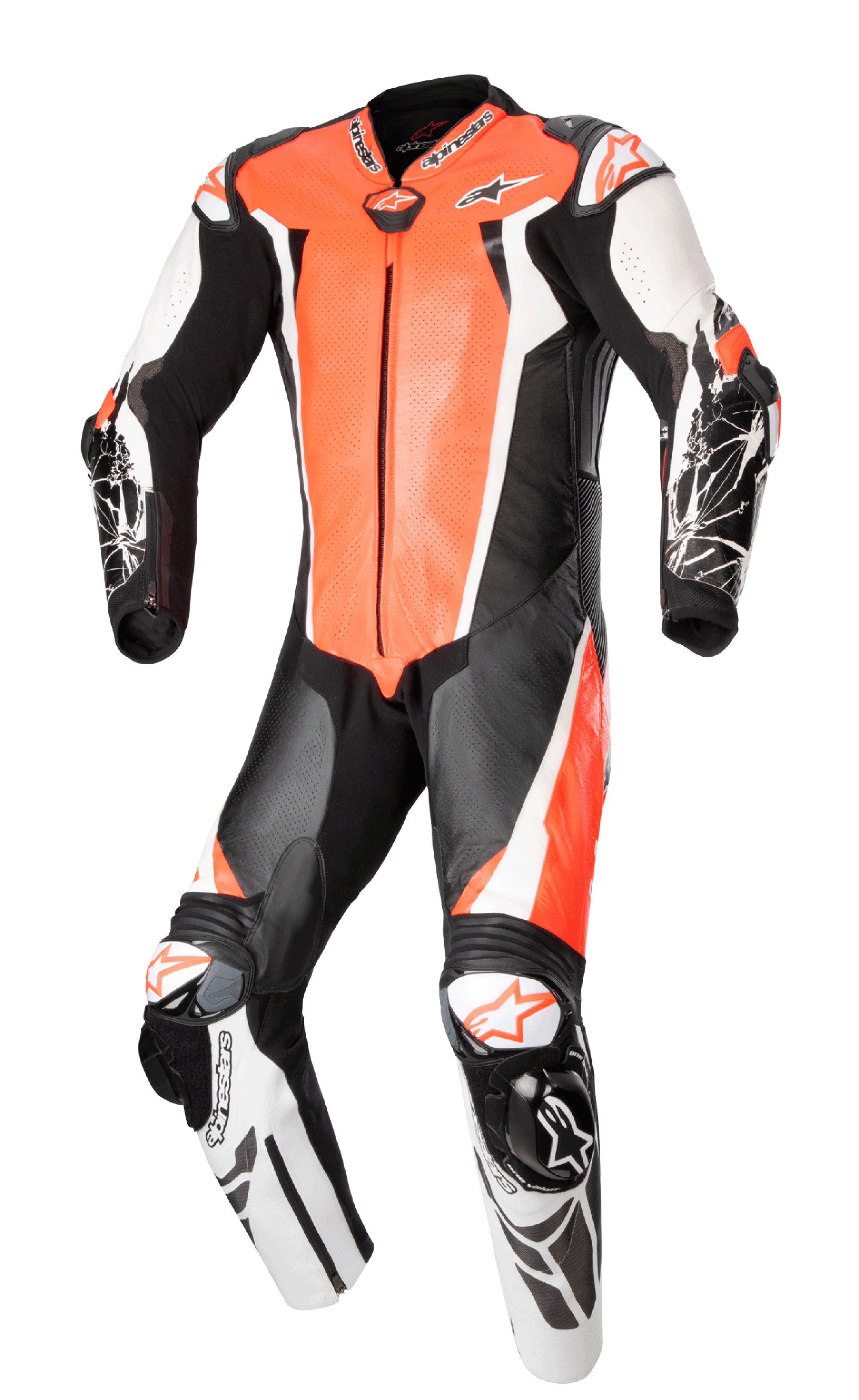 Alpinestars Racing Absolute V2 Einteilige Lederkombi, Motorrad-Rennkombi, Fluo-Rot, Weiß und Schwarz, mit perforierten Brustpaneelen, externen DFS-Slidern an Schultern und Knien sowie Grafikprint-Details an den Unterarmen, professionelle Rennstreckenausrüstung.