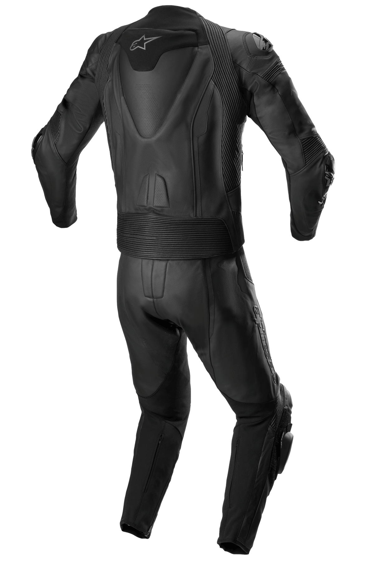 Alpinestars Missile V2 2-Piece Leather Suit, Racing Leather Suit, All Black, rear view showing aerodynamic back hump with white star logo, accordion stretch panels at the waist and shoulders, and perforated leather detailing for performance motorcycle riding