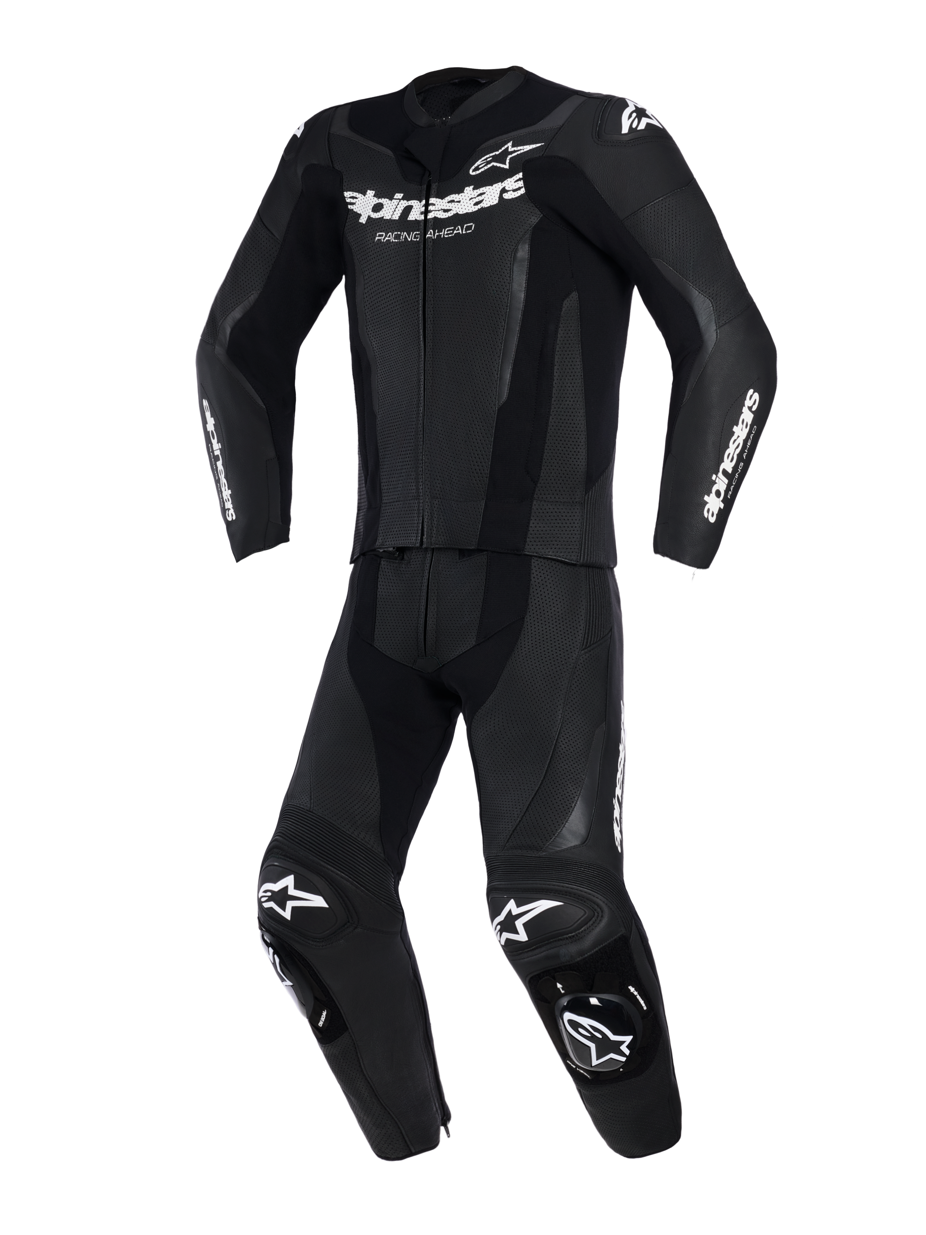 Alpinestars GP Force V2 2-Piece Leather Suit, Black, front view, perforated leather panels, white Alpinestars logos on chest and sleeves, integrated knee sliders, performance track and sport riding gear