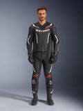 Alpinestars GP Force V2 2-Piece Leather Suit, Motorcycle Racing Suit, Black White and Red Fluo, worn by a model with matching black gloves and boots, featuring perforated leather panels, white and red fluo accents, and a sleek aerodynamic design for track and sport riding