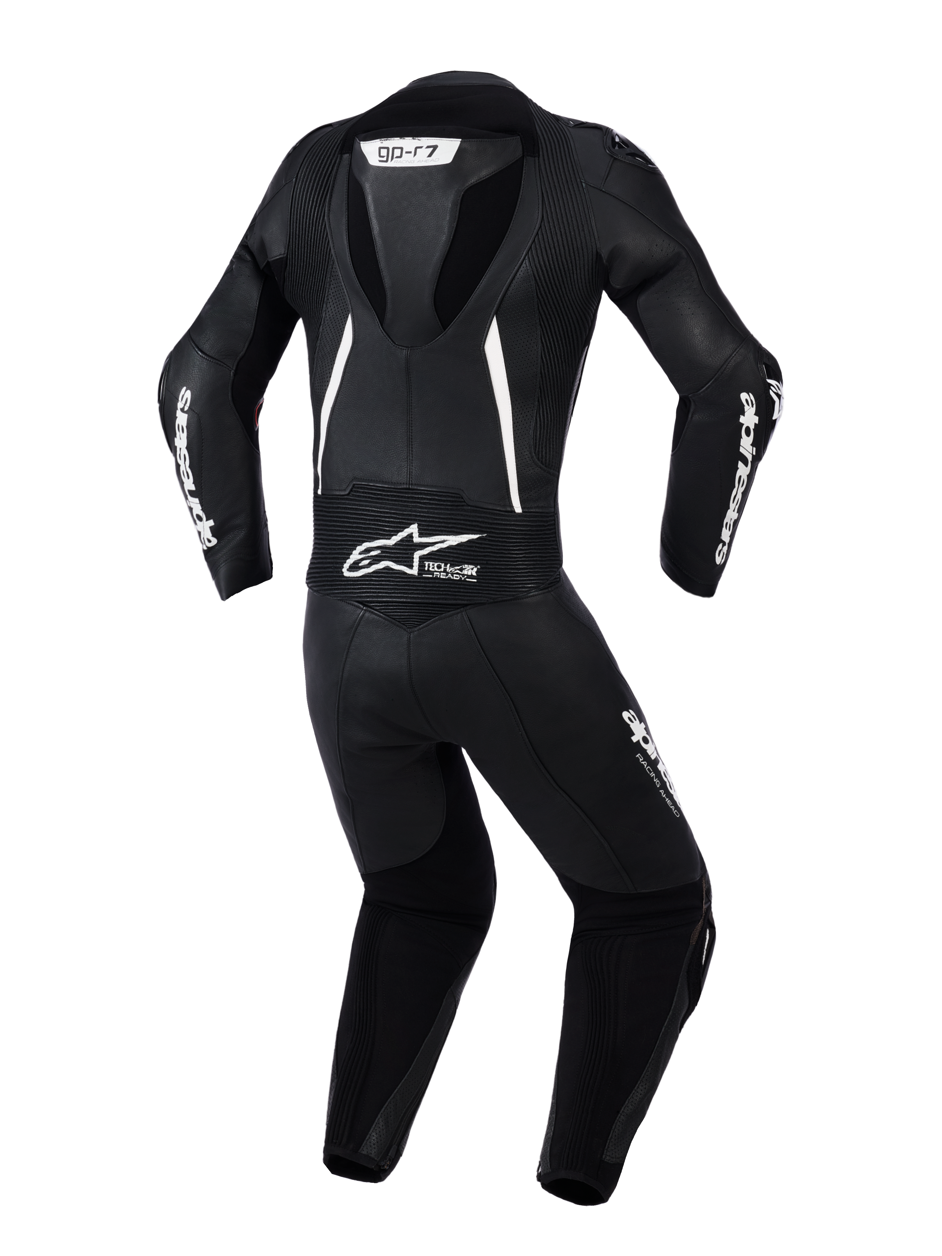 Alpinestars Woman Stella GP-R7 2-Piece Leather Suit, back view in Black with white accents, featuring an integrated aerodynamic hump, accordion stretch panels on shoulders and lower back, perforated leather for ventilation, and prominent Alpinestars branding.