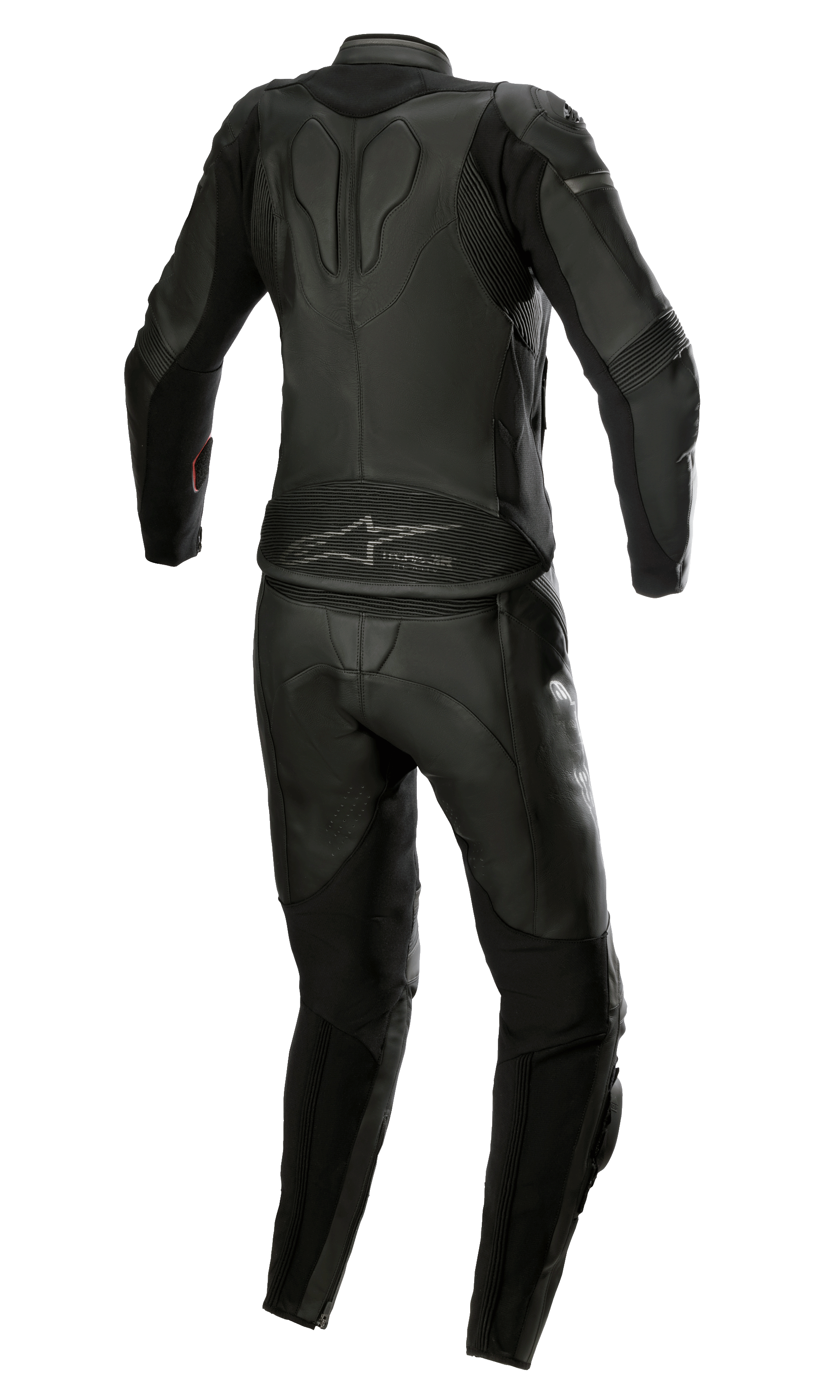 Alpinestars Stella GP Plus 2-teilige Lederkombi für Damen, Black Metallic Gray, Rückansicht mit stromlinienförmigem Design, Akkordeon-Stretch-Einsätzen, schützender Lederkonstruktion und Alpinestars-Branding am unteren Rücken, speziell auf eine Damen-Rennpassform zugeschnitten.